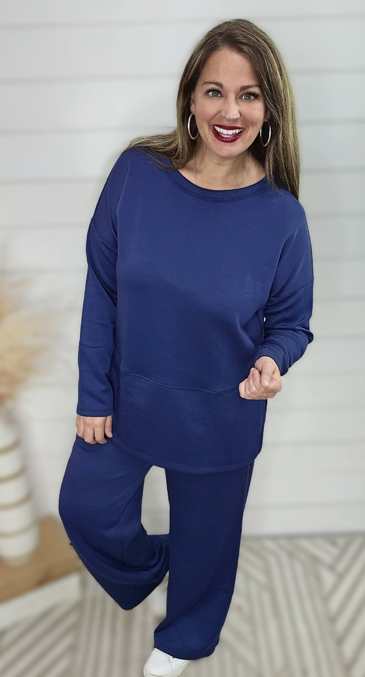 NAVY WRINKLE FREE WIDE LEG CREW NECK SET