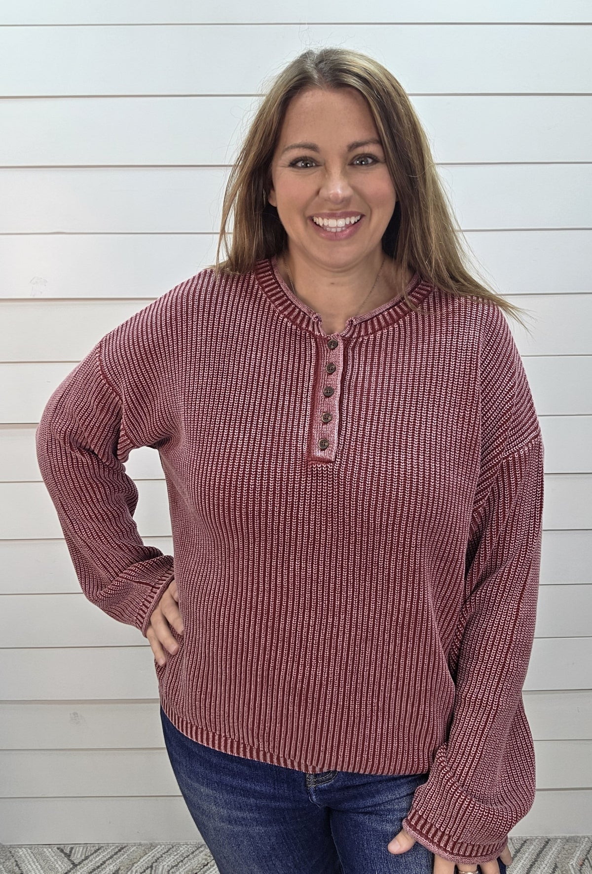 Burgundy Mineral Wash Henley Sweater