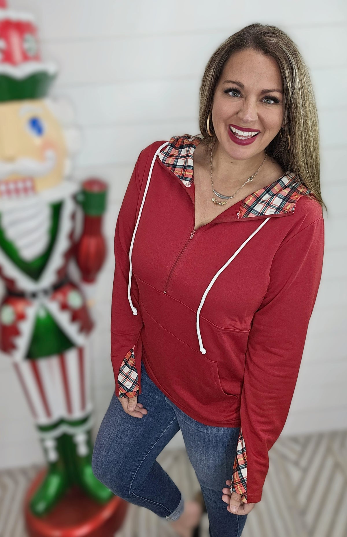 Audre Half Zip Hoodie In Red Plaid