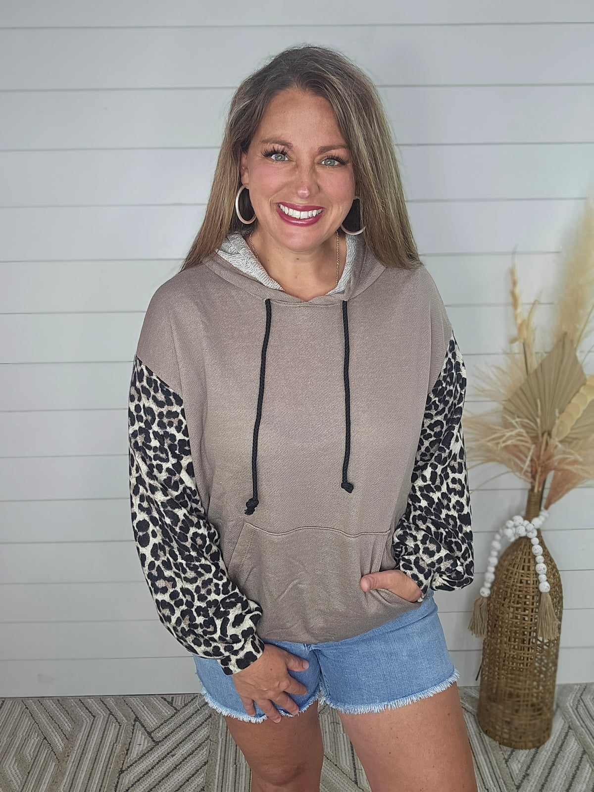 TAUPE HOODED PULLOVER W/ ANIMAL PRINT SLEEVES