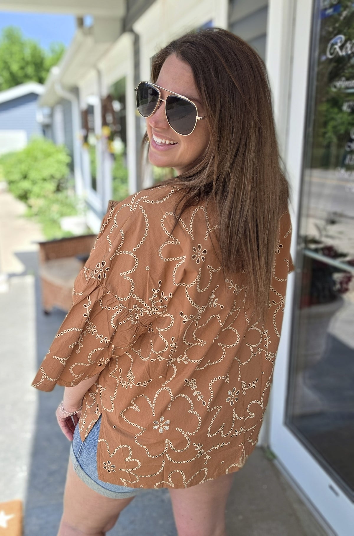 CAMEL OVERSIZED FLORAL CUT OUT TOP
