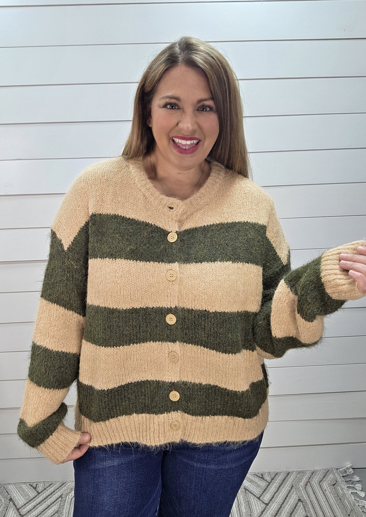 SAND/OLIVE WIDE STRIPED FUZZY BUTTON CARDIGAN