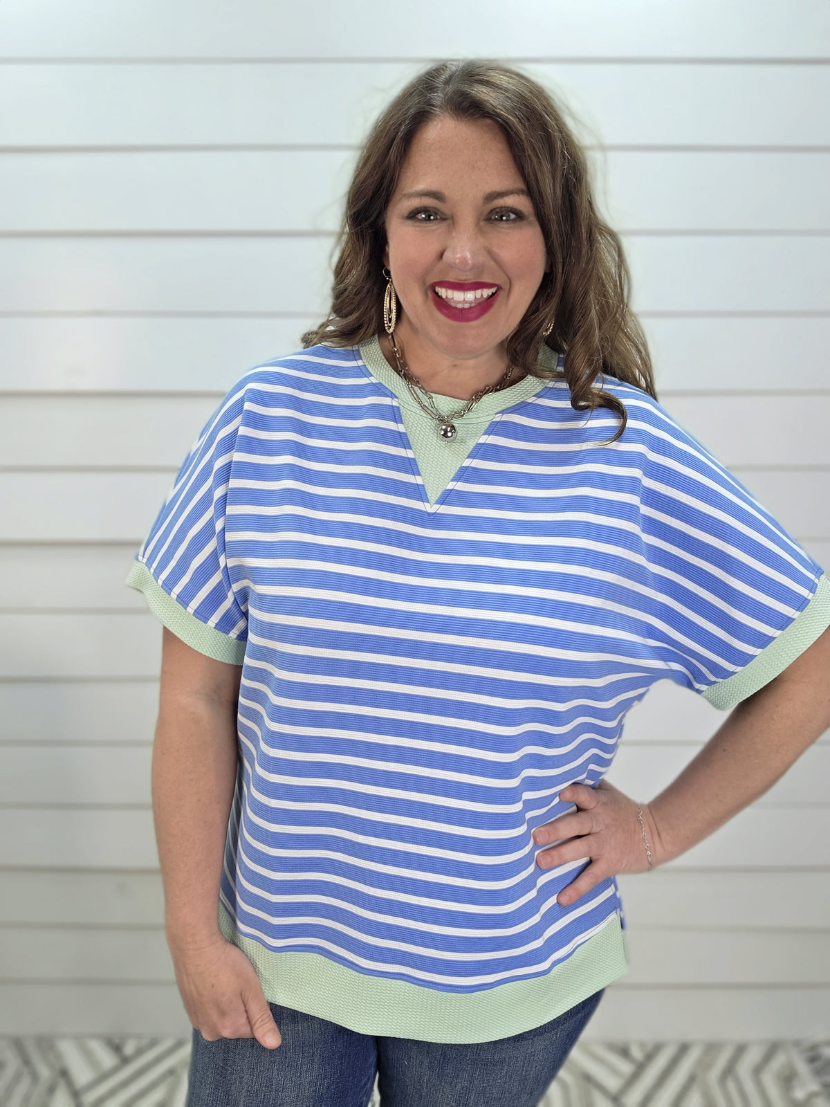 SKY STRIPED KNIT TOP W/ GREEN TRIM