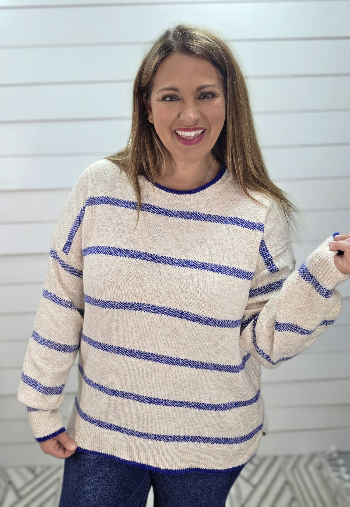 OATMEAL/ROYAL BLUE Crew Neck Long Sleeve Super Cozy Striped Pullover Sweater