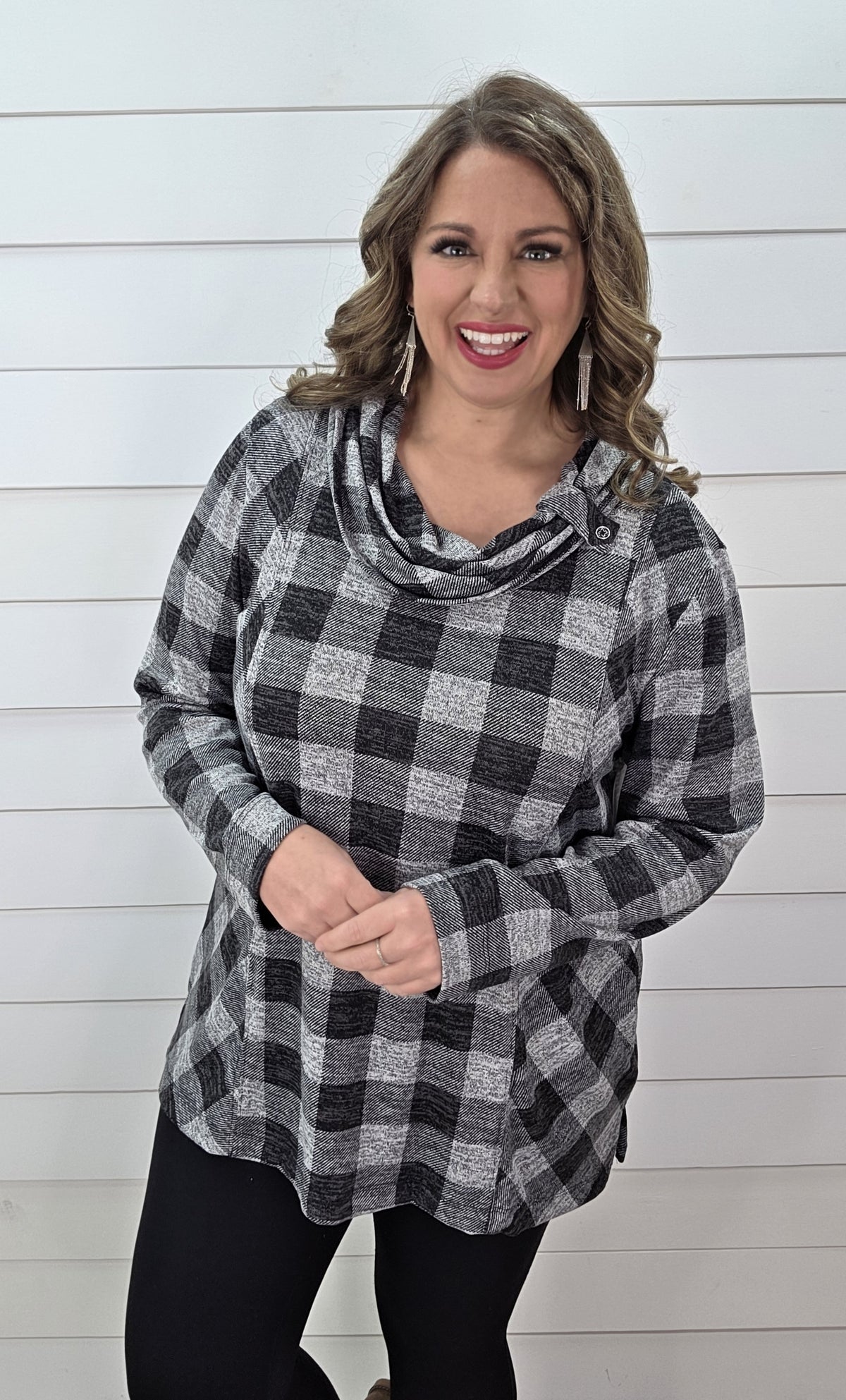 BLACK CHECK COWL NECK KNIT TUNIC