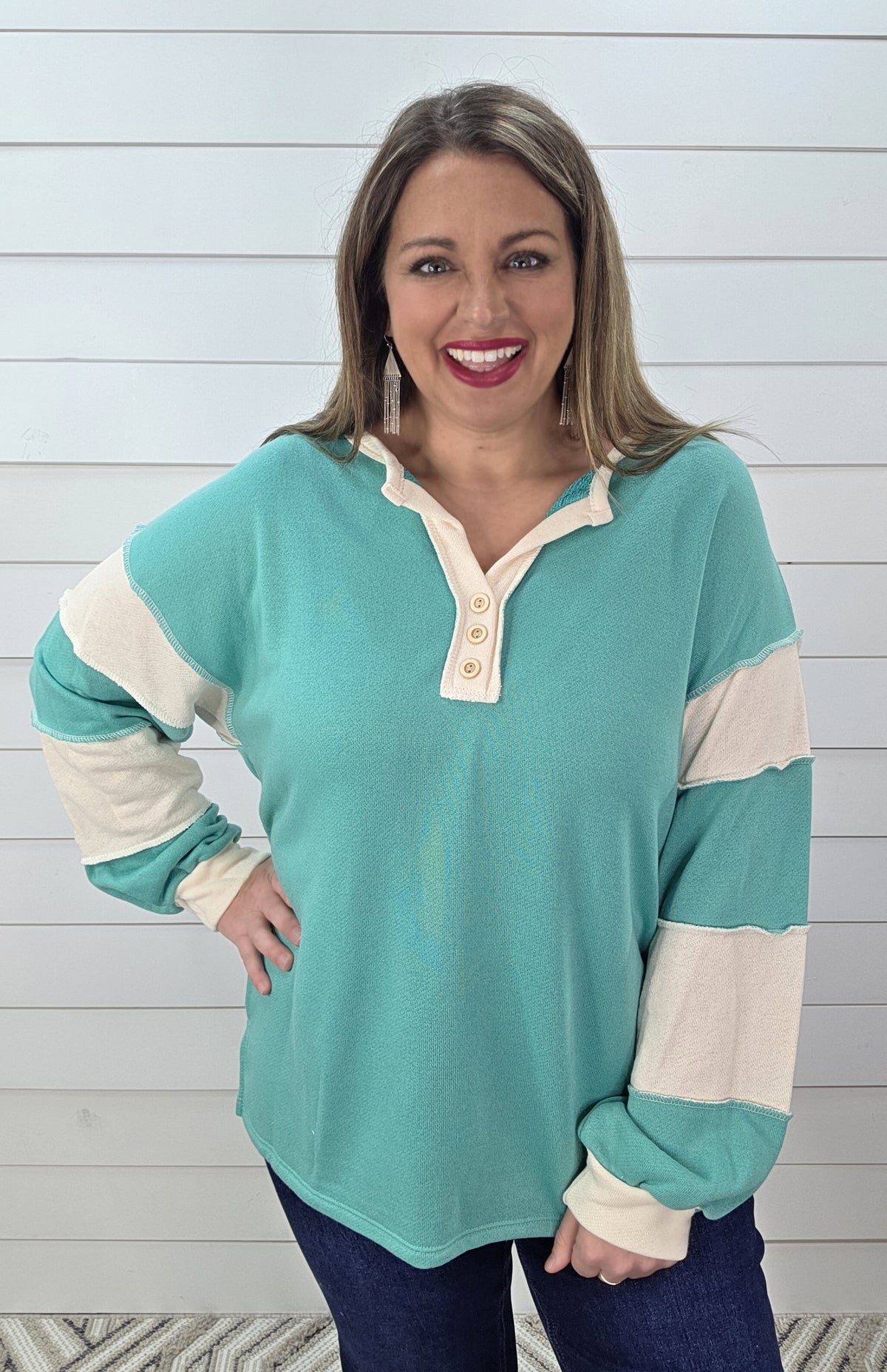 JADE FRENCH TERRY COLORBLOCK BUTTON TRIM KNIT TOP