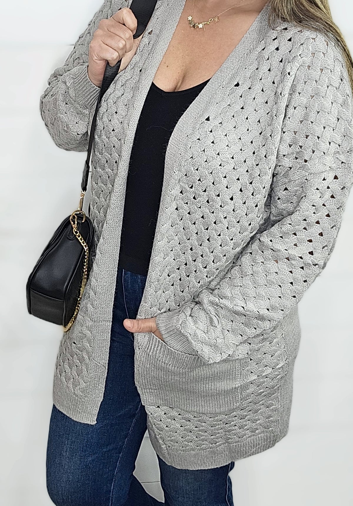 GREY OPEN WEAVE TEXTURE CARDIGAN