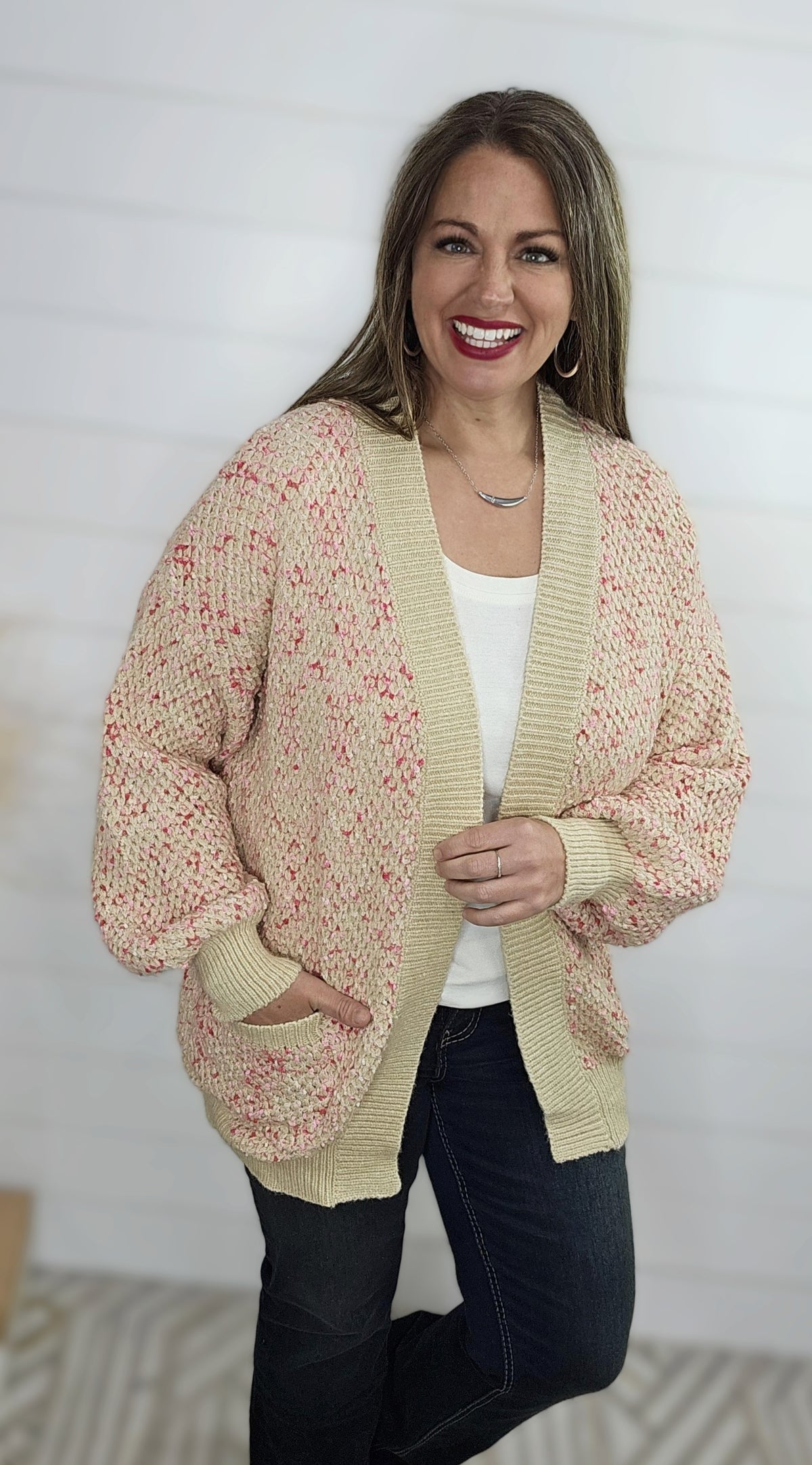 TAUPE/PINK POPCORN OPEN FRONT CARDIGAN