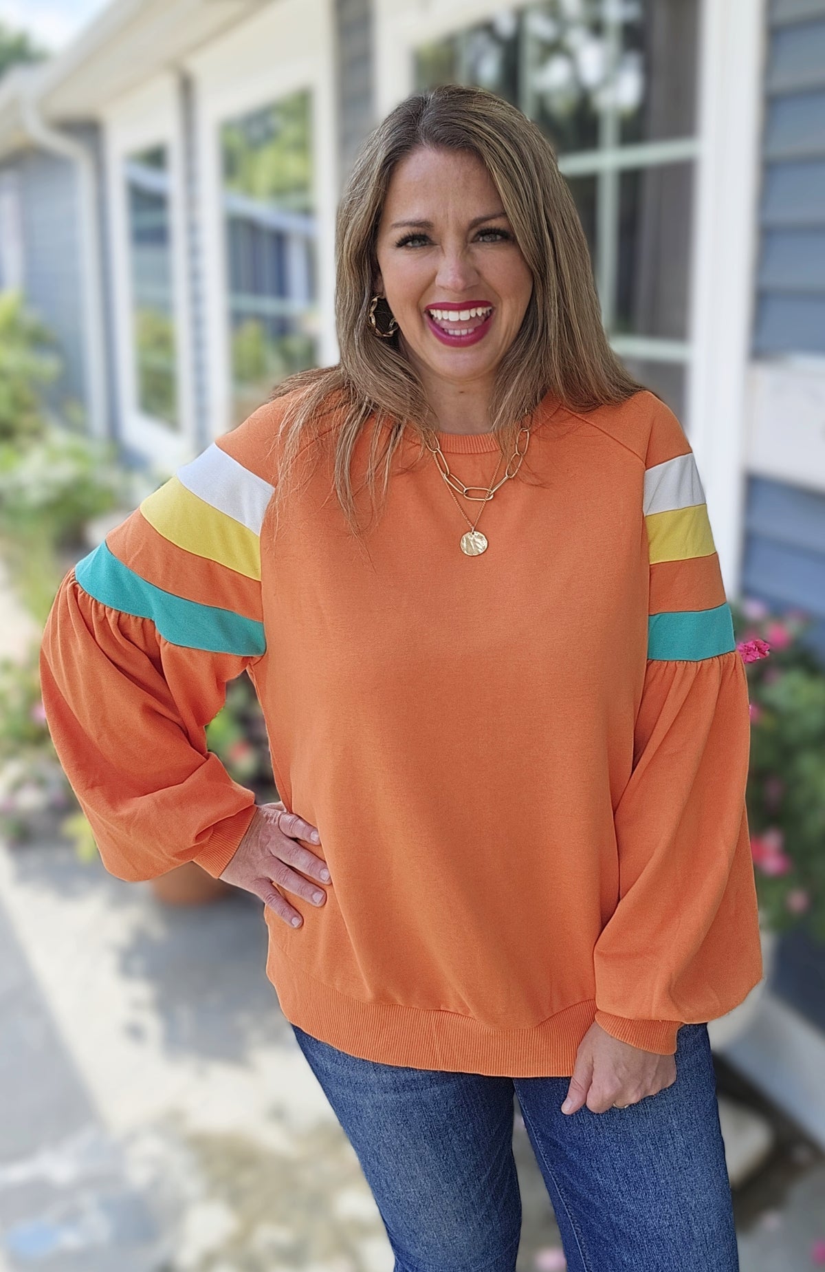 ORANGE COLORBLOCK SLEEVE PULLOVER