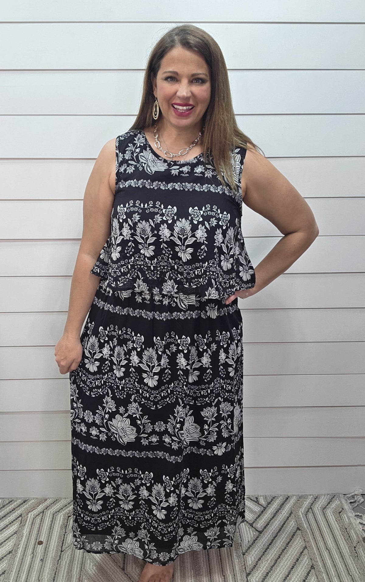 BLACK FLORAL OVERLAY ELASTIC WAIST LONG DRESS