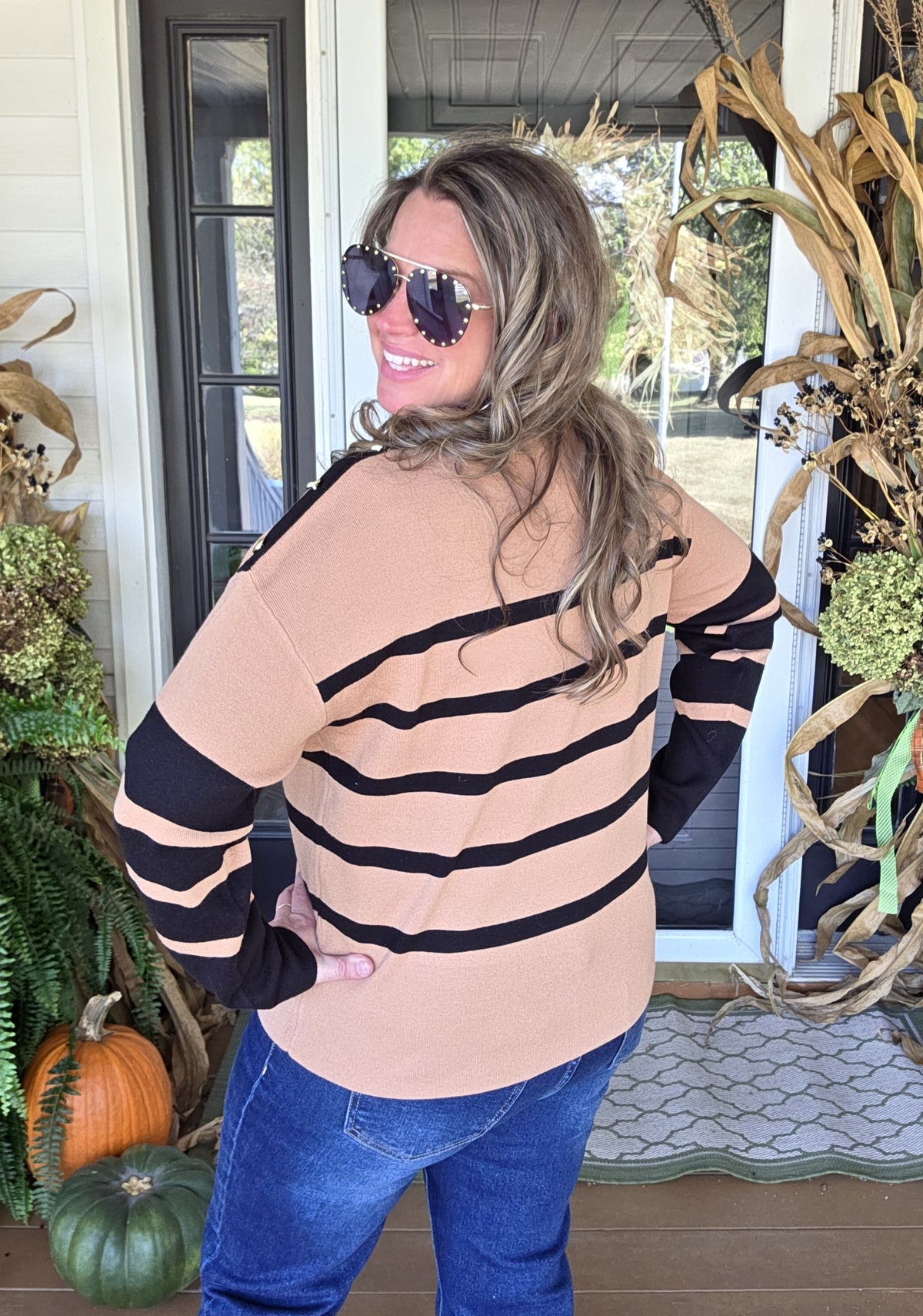 KAREN HART TAN/BLACK STRIPED SWEATER WITH BUTTON ACCENTS