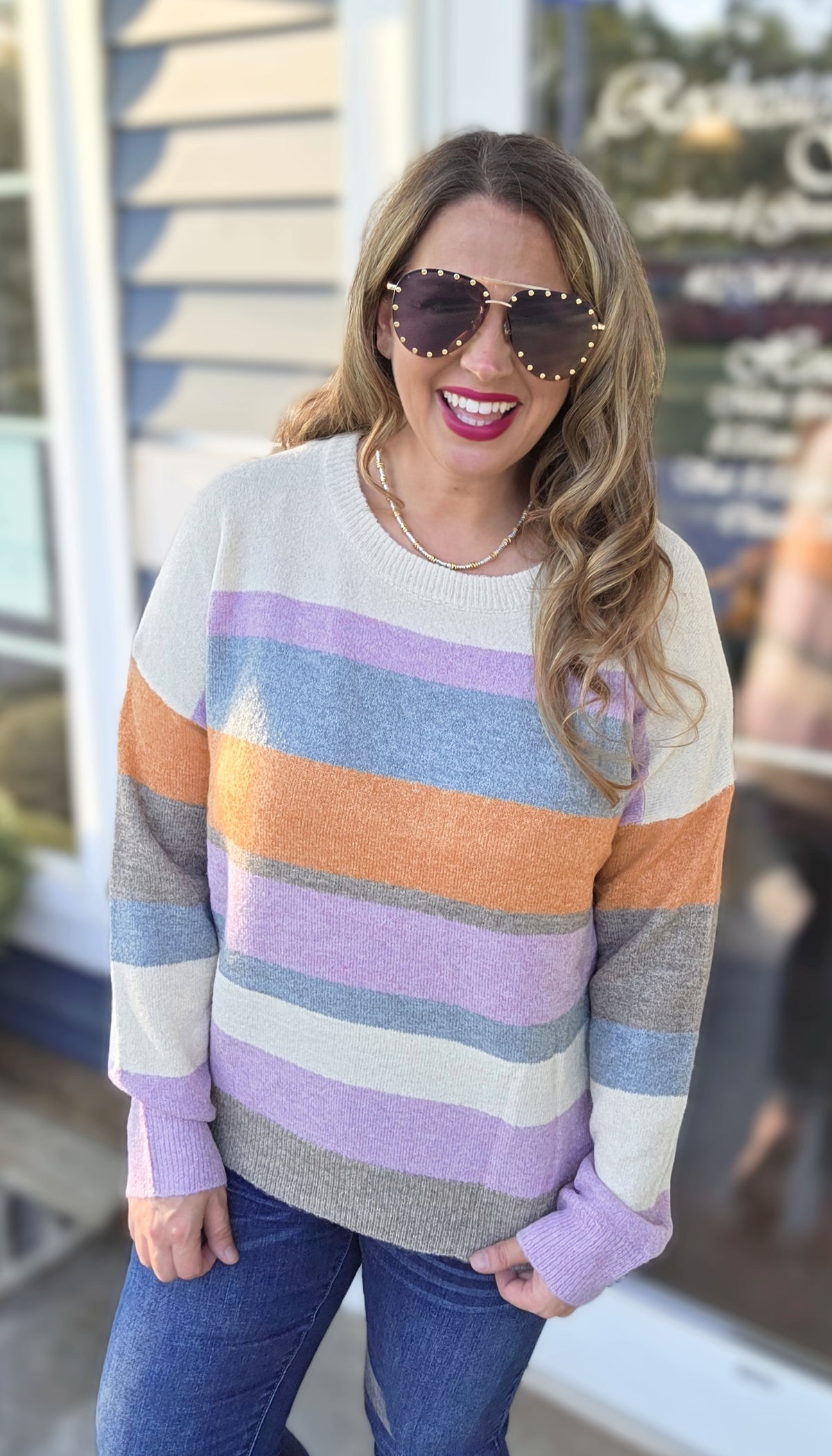 LAVENEDER/ORANGE STRIPED COLORBLOCK KNIT SWEATER