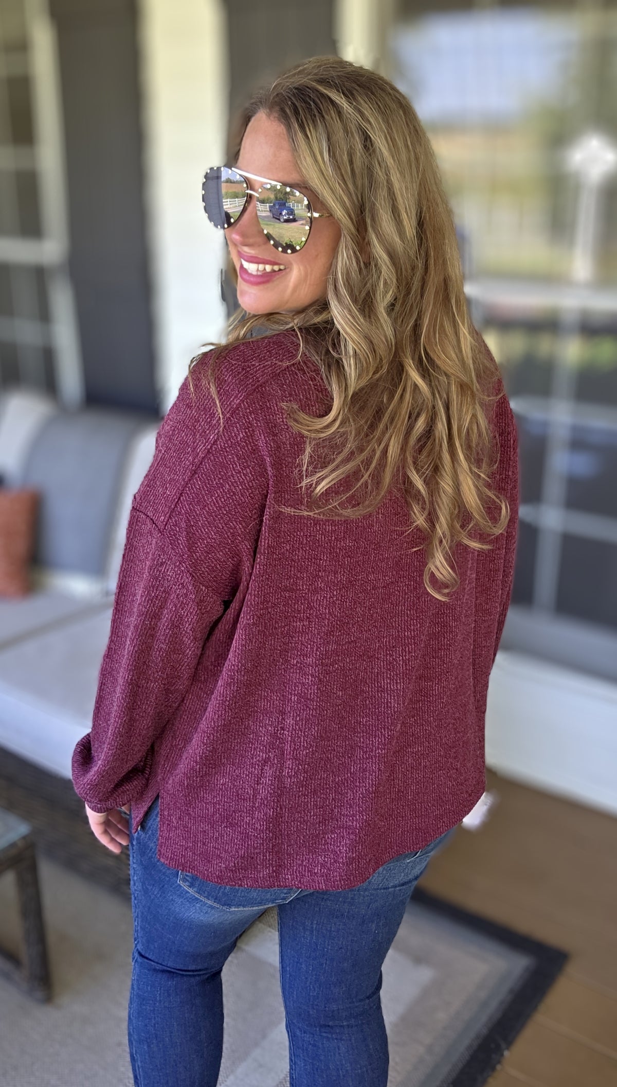 BURGUNDY RIBBED TEXTURED LONG SLEEVE HENLEY KNIT TOP