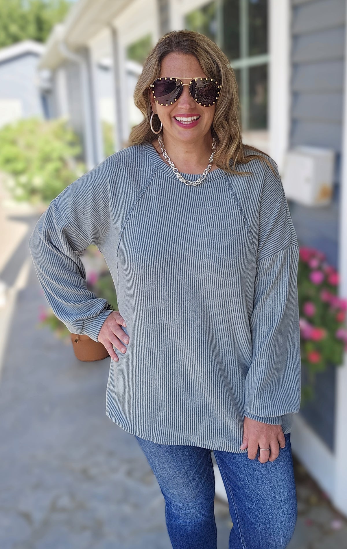 OLIVE BRUSHED RIBBED KNIT LONG SLEEVE TOP