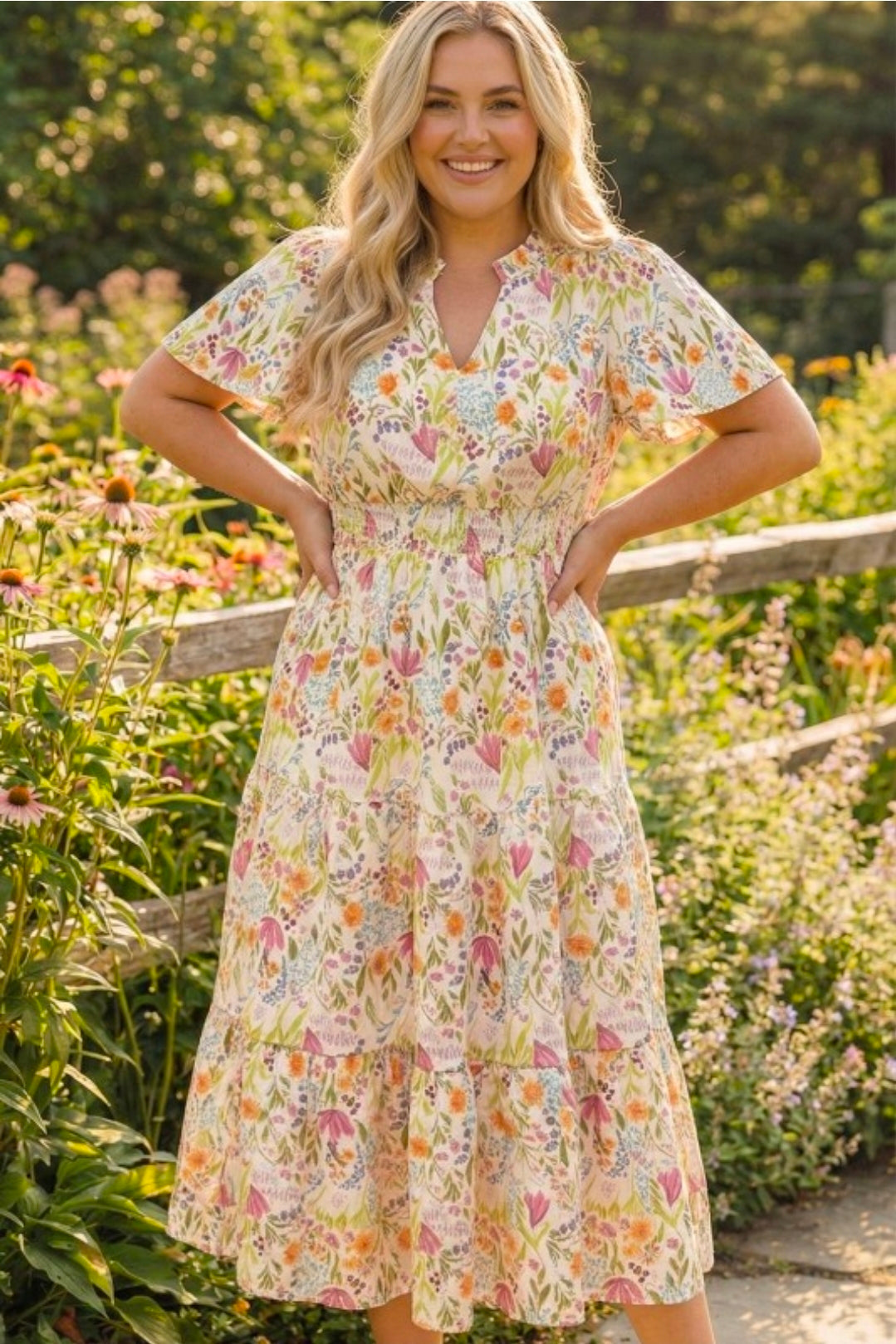 WHITE FLORAL SMOCKED WAIST MID LENGTH DRESS W/ NOTCH NECKLINE & FLUTTER SLEEVE