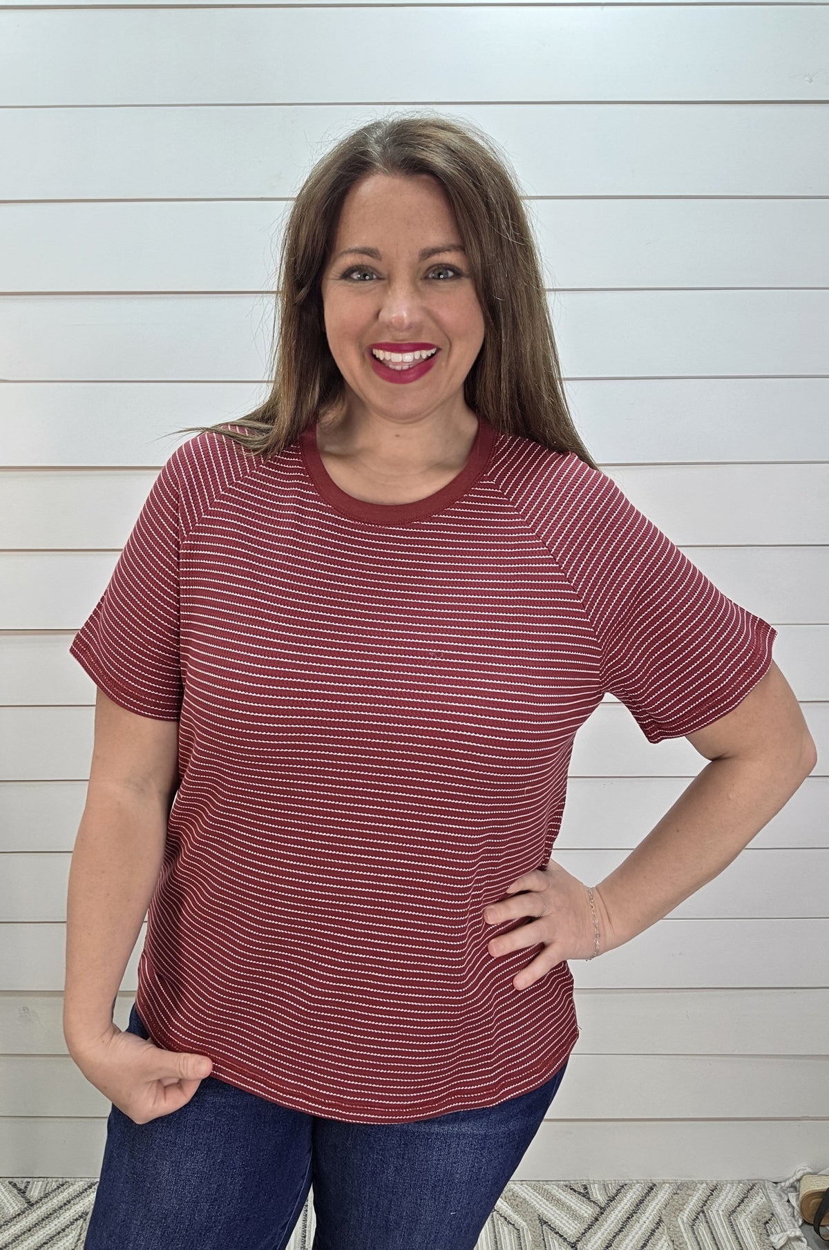 WINE STRIPED TEXTURED KNIT TOP