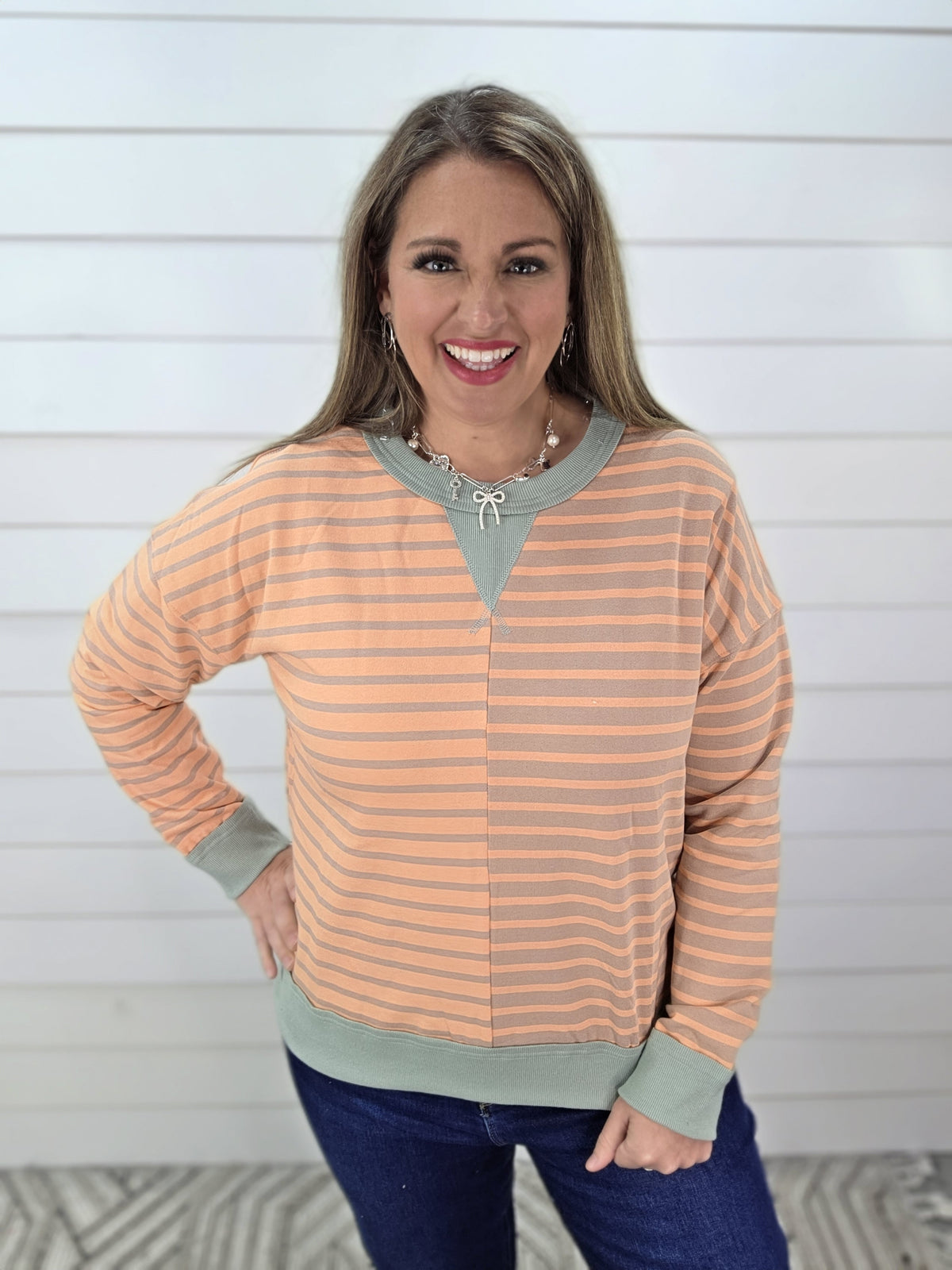ORANGE/SAGE STRIPED COLORBLOCK CONTRAST FRENCH TERRY TOP
