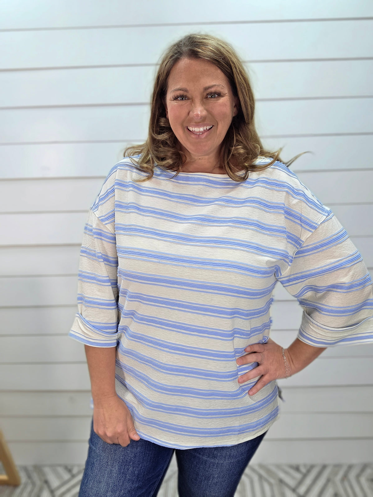 IVORY/BLUE STRIPED TEXTURED KNIT TOP