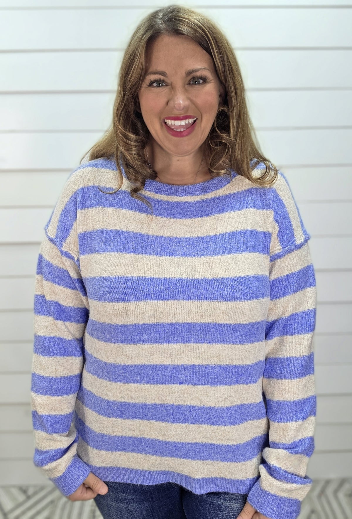 LT BLUE Bold Striped Long Sleeve Super Soft Crew Neck Pullover Sweater