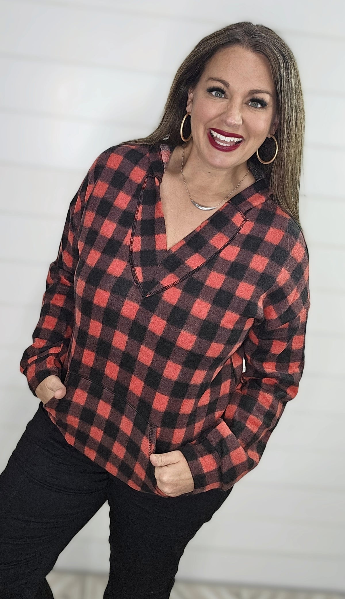 BUFFALO PLAID V NECK HOODIE