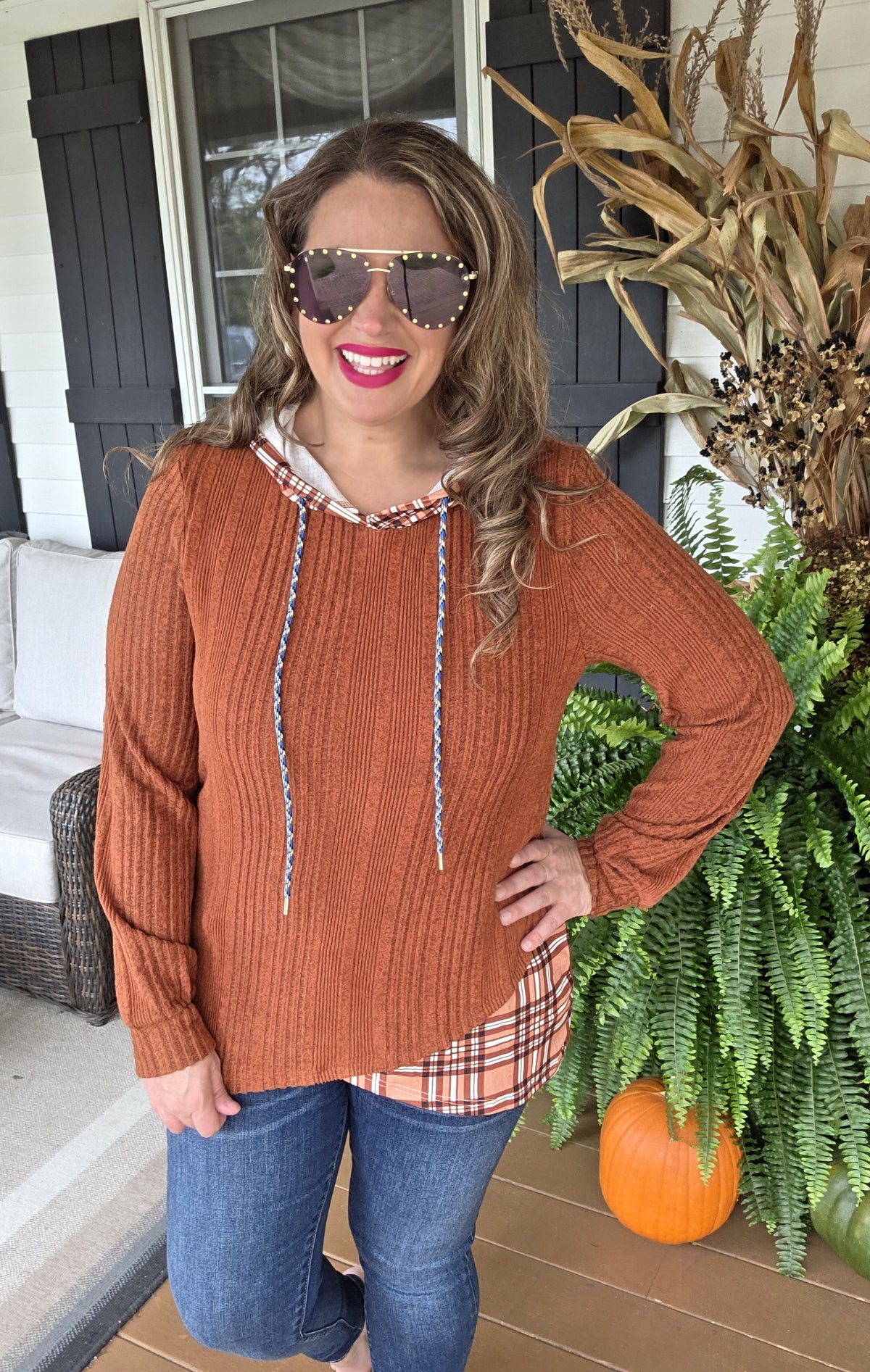 RUST BRUSHED KNIT PLAID CONTRAST LIGHT WEIGHT HOODIE