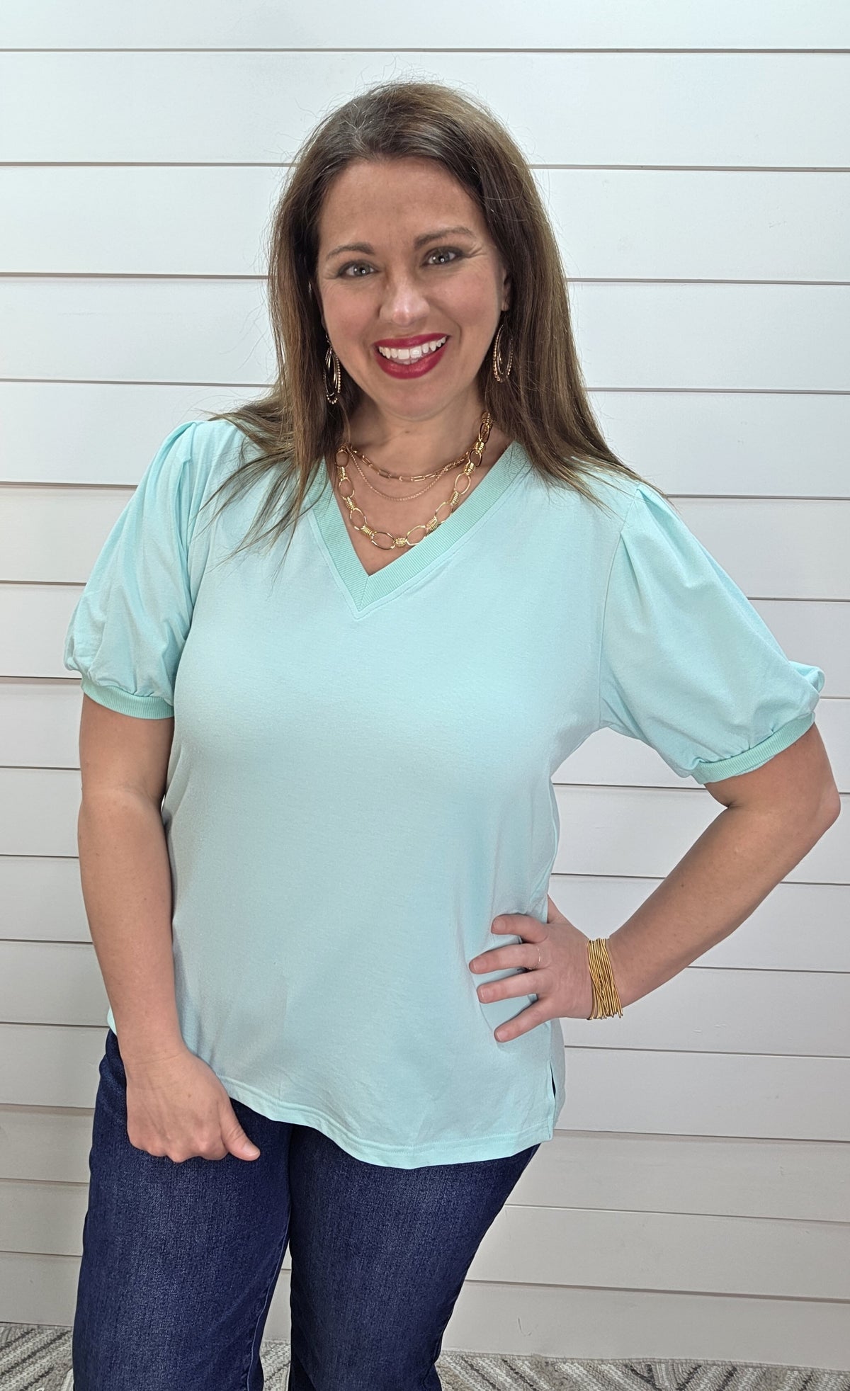 MINT V NECK PUFF SLEEVE KNIT TOP