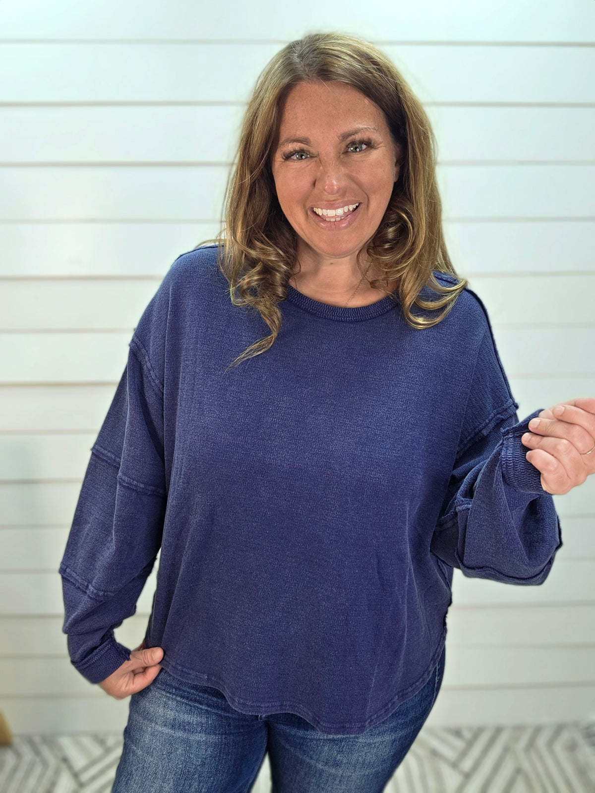 NAVY MINERAL WASH LONG SLEEVE KNIT FLOWY TOP