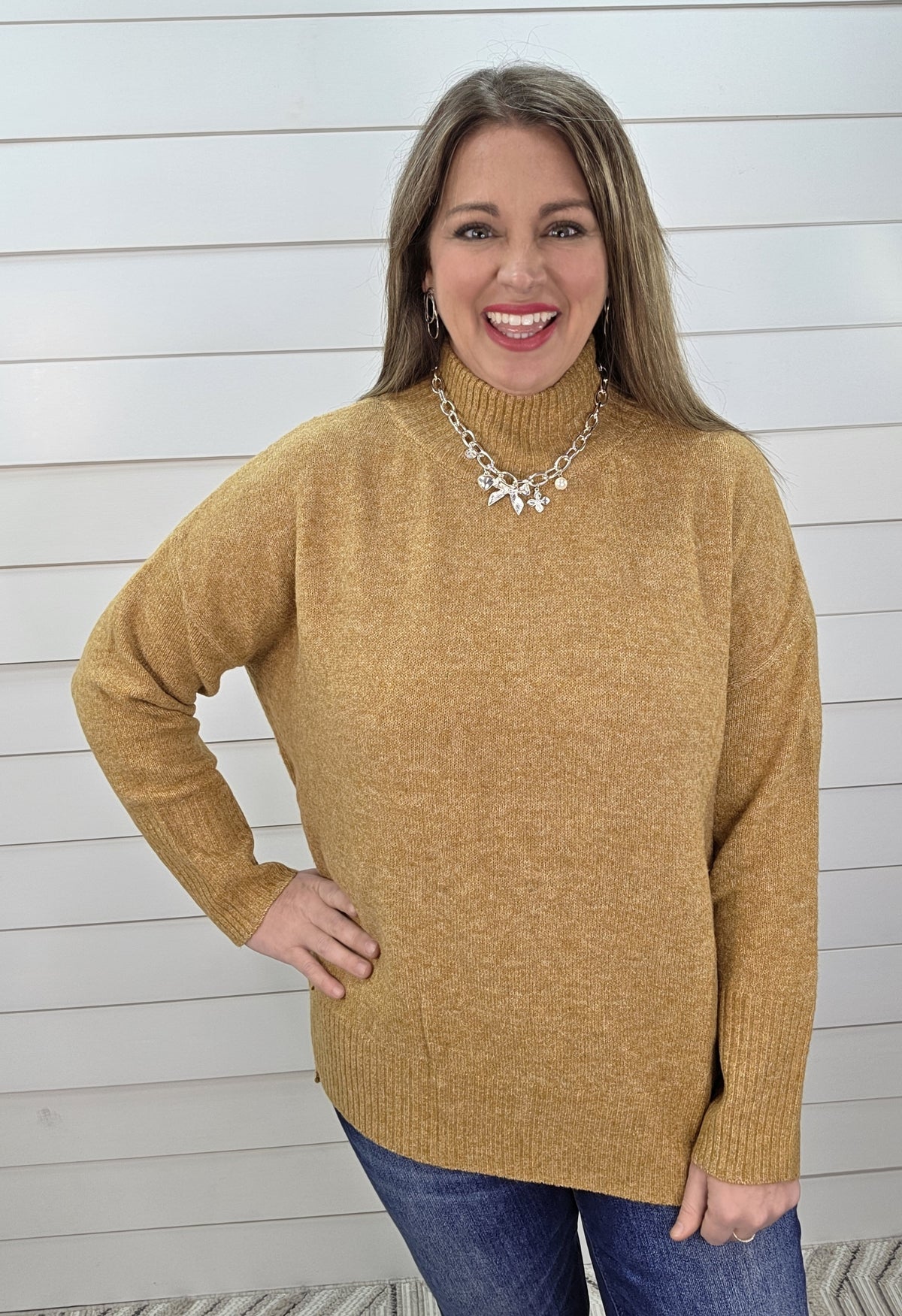KAREN HART MUSTARD LOOSE FIT MOCK NECK TUNIC SWEATER