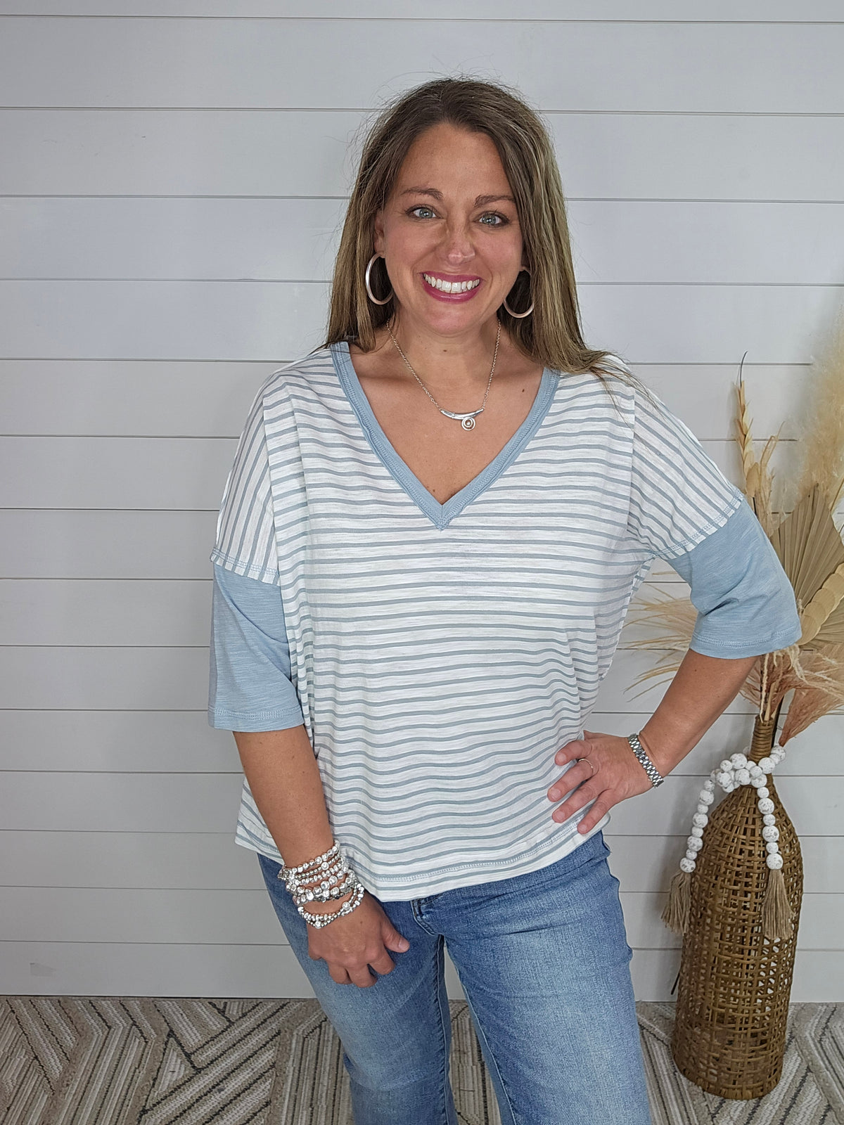 SEAFOAM/WHITE STRIPED V NECK COTTON TOP