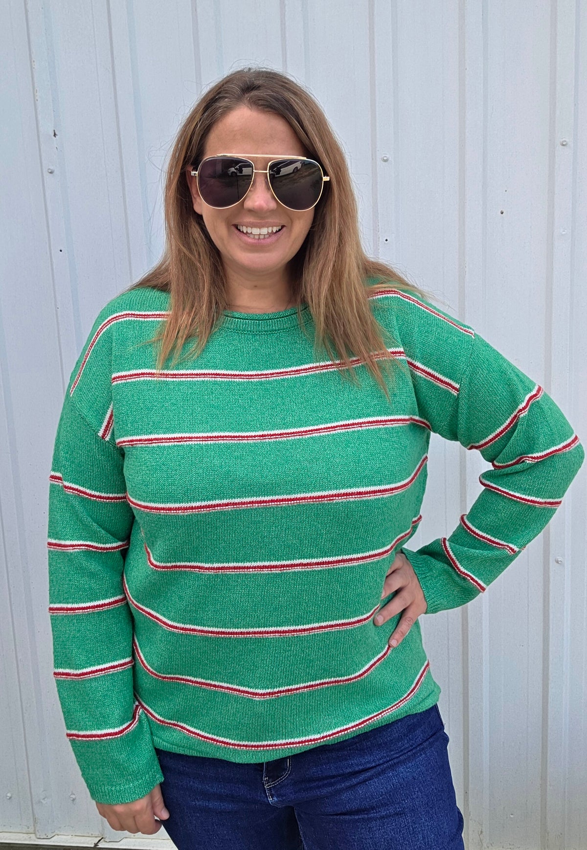 GREEN/RED Draw String Hem, Long Sleeve, Wide Crew Neck, Striped SWEATER