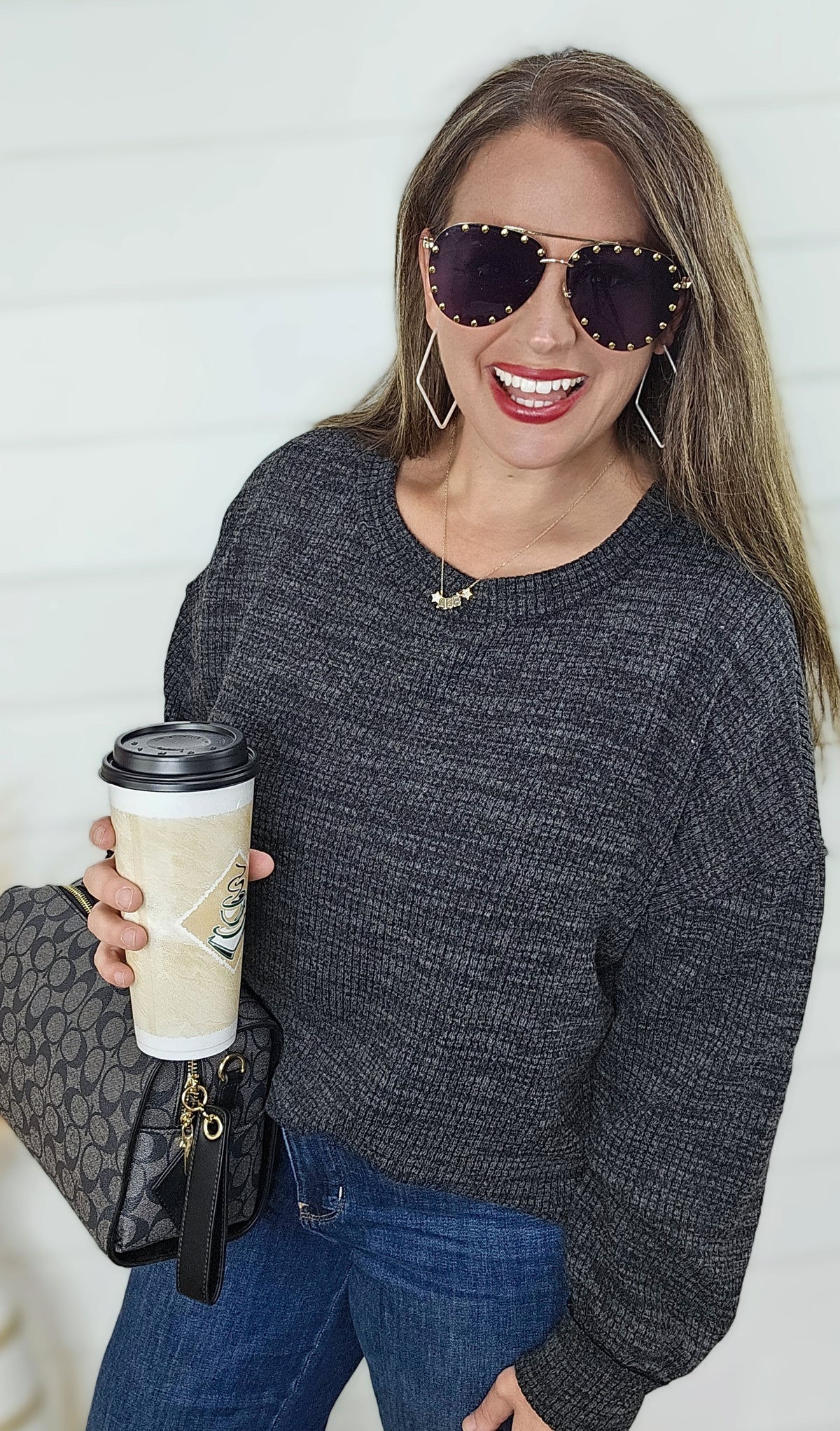 HEATHERED BLACK DROP SHOULDER LONG SLEEVE KNIT TOP