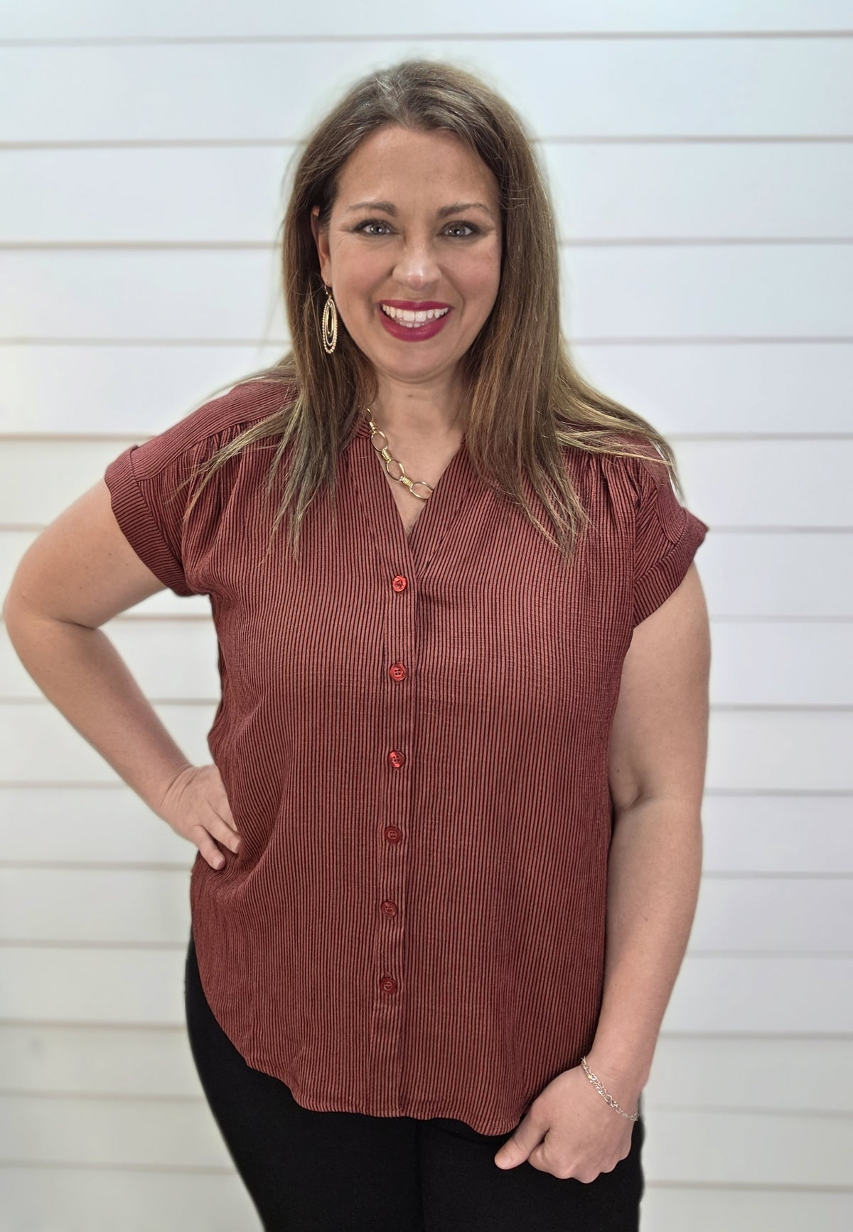BURGUNDY PIN STRIPED BUTTON DOWN WOVEN TOP