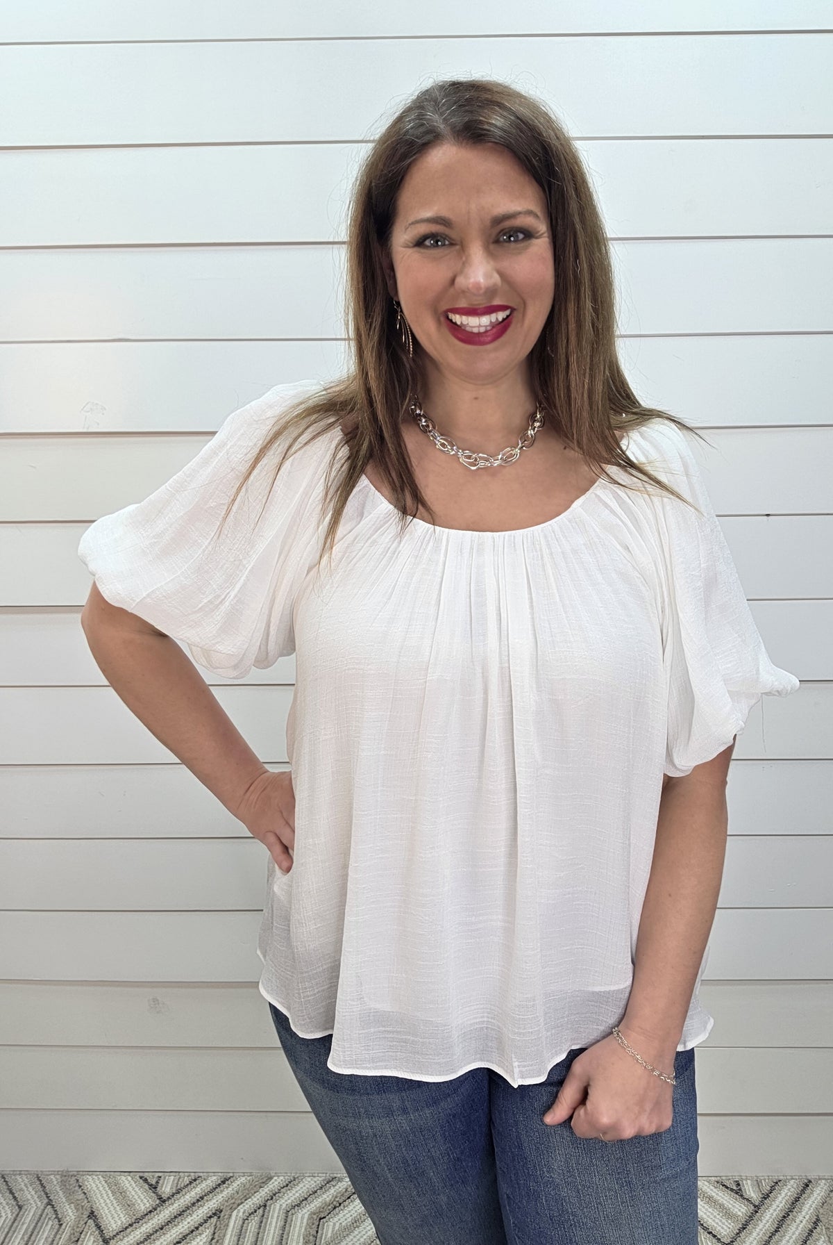 WHITE FLOWY SCOOP NECK WOVEN TOP