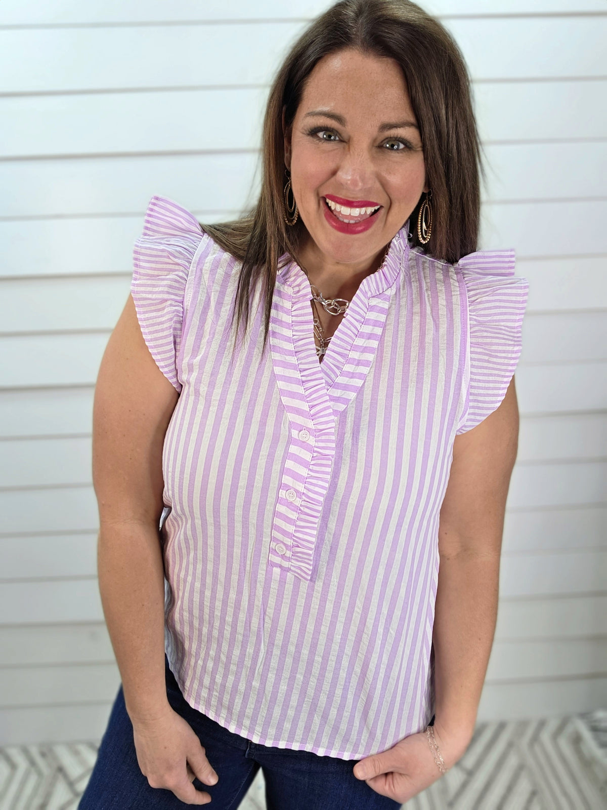 LAVENDER VERTICAL STRIPED V NECK HENLEY RUFFLE TRIM TOP