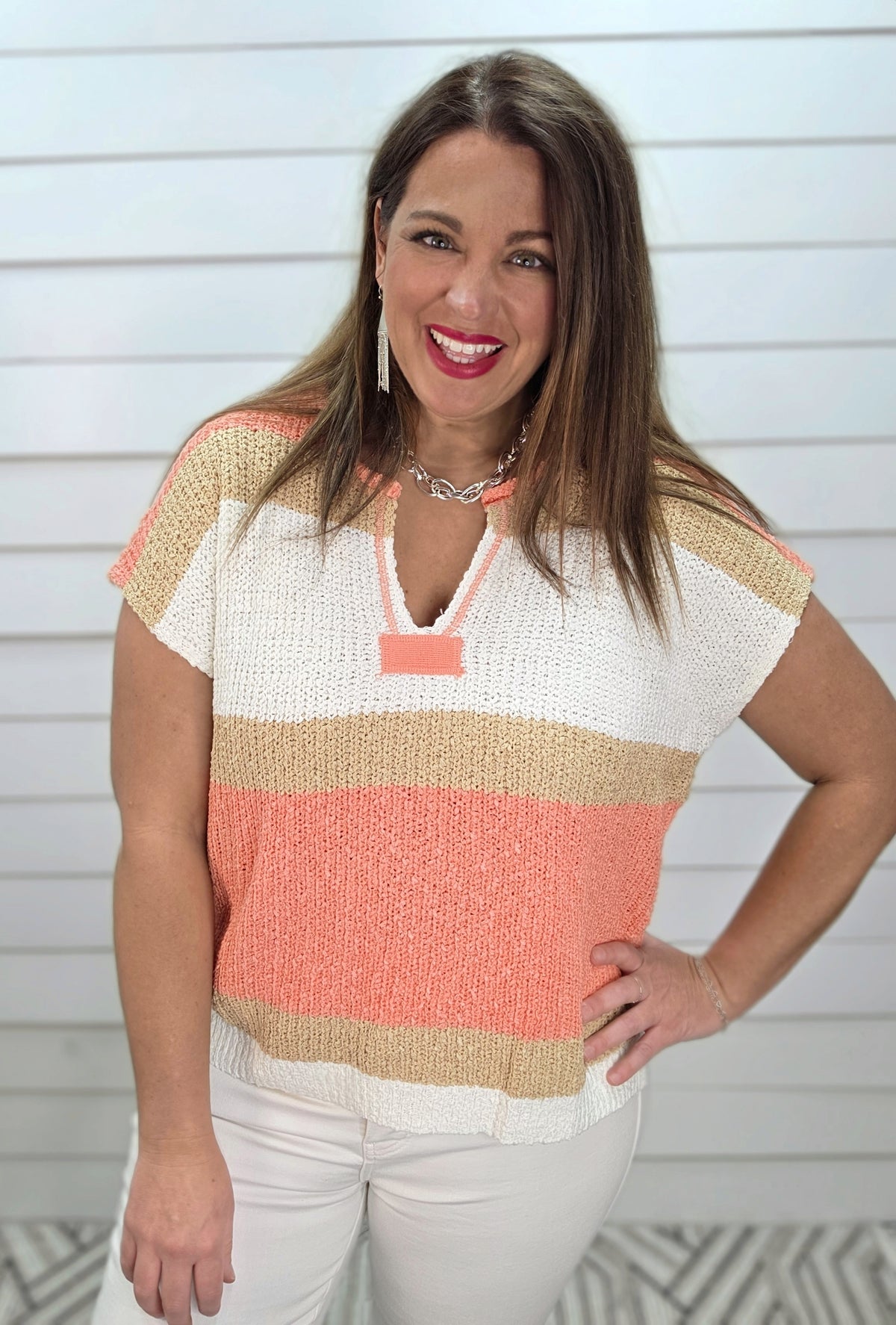 CORAL/MOCHA COLORBLOCK SHORT SLEEVE SWEATER KNIT