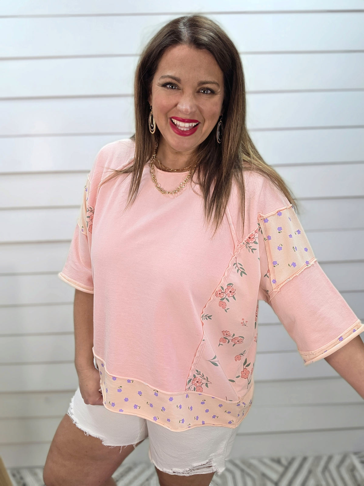 PINK 3/4 SLEEVE FLORAL CONTRAST FRENCH TERRY OVERSIZED TOP