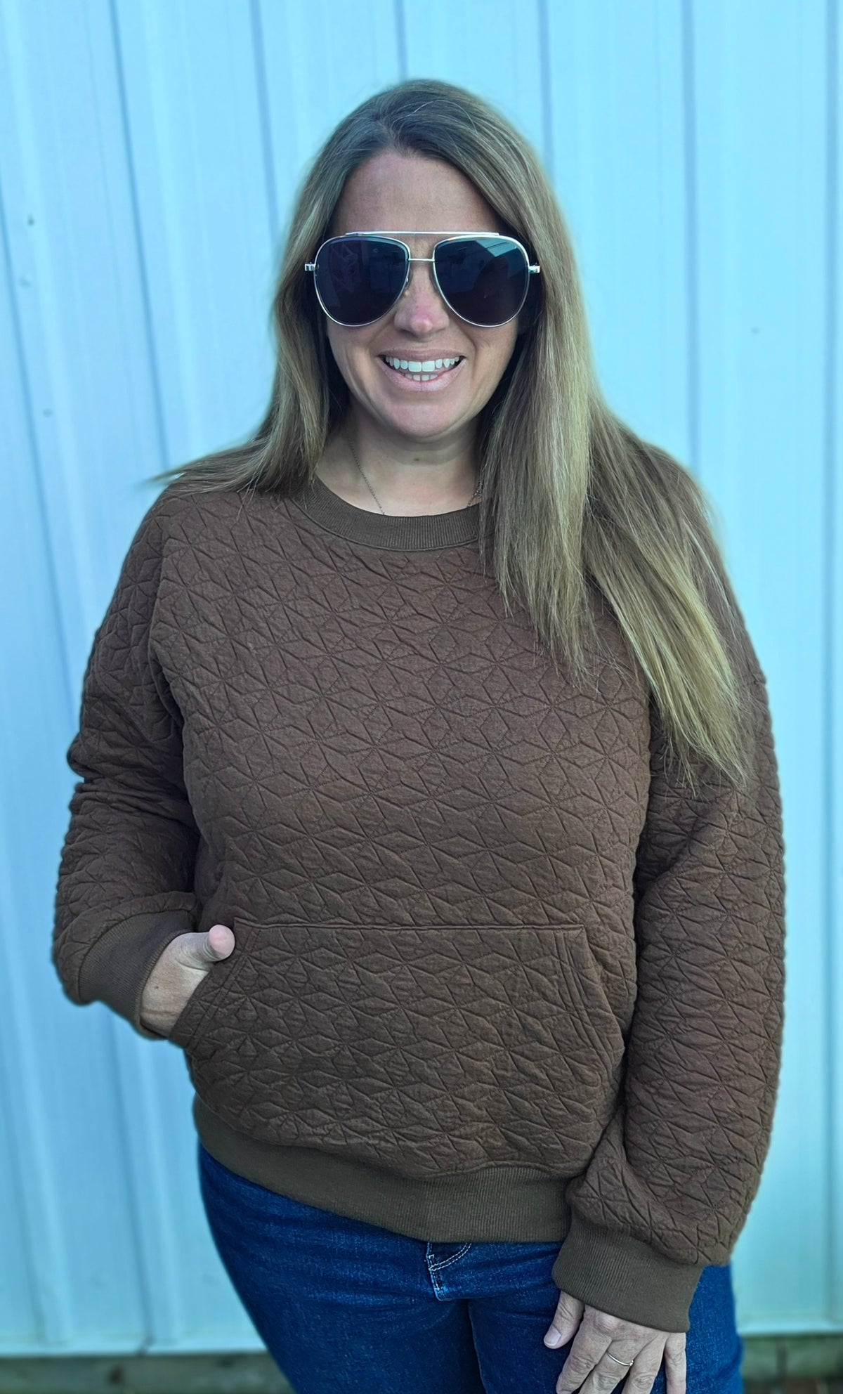 BROWN Crew Neck, Kangaroo Pocket, Quilted Texture Pullover