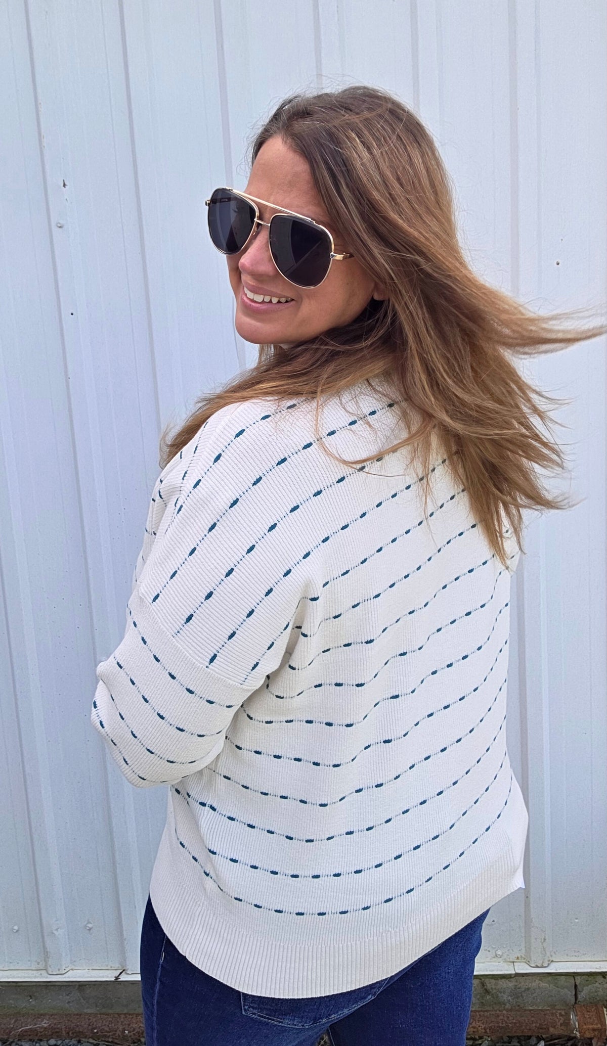 IVORY/TEAL Texture Striped, Crew Neck, Long Sleeve, Pullover Sweater