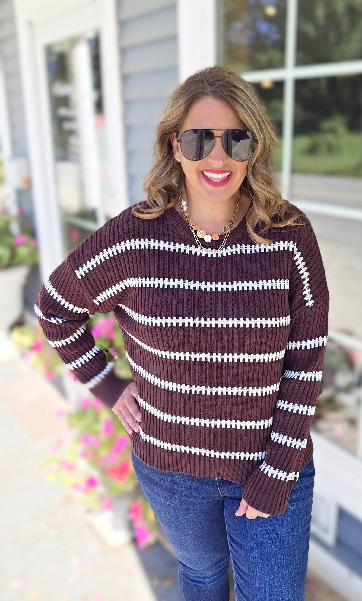 BROWN RIBBED STRIPED SWEATER