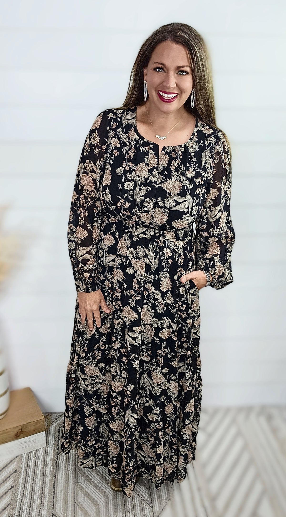 BLACK FLORAL ELASTIC WAIST LONG DRESS