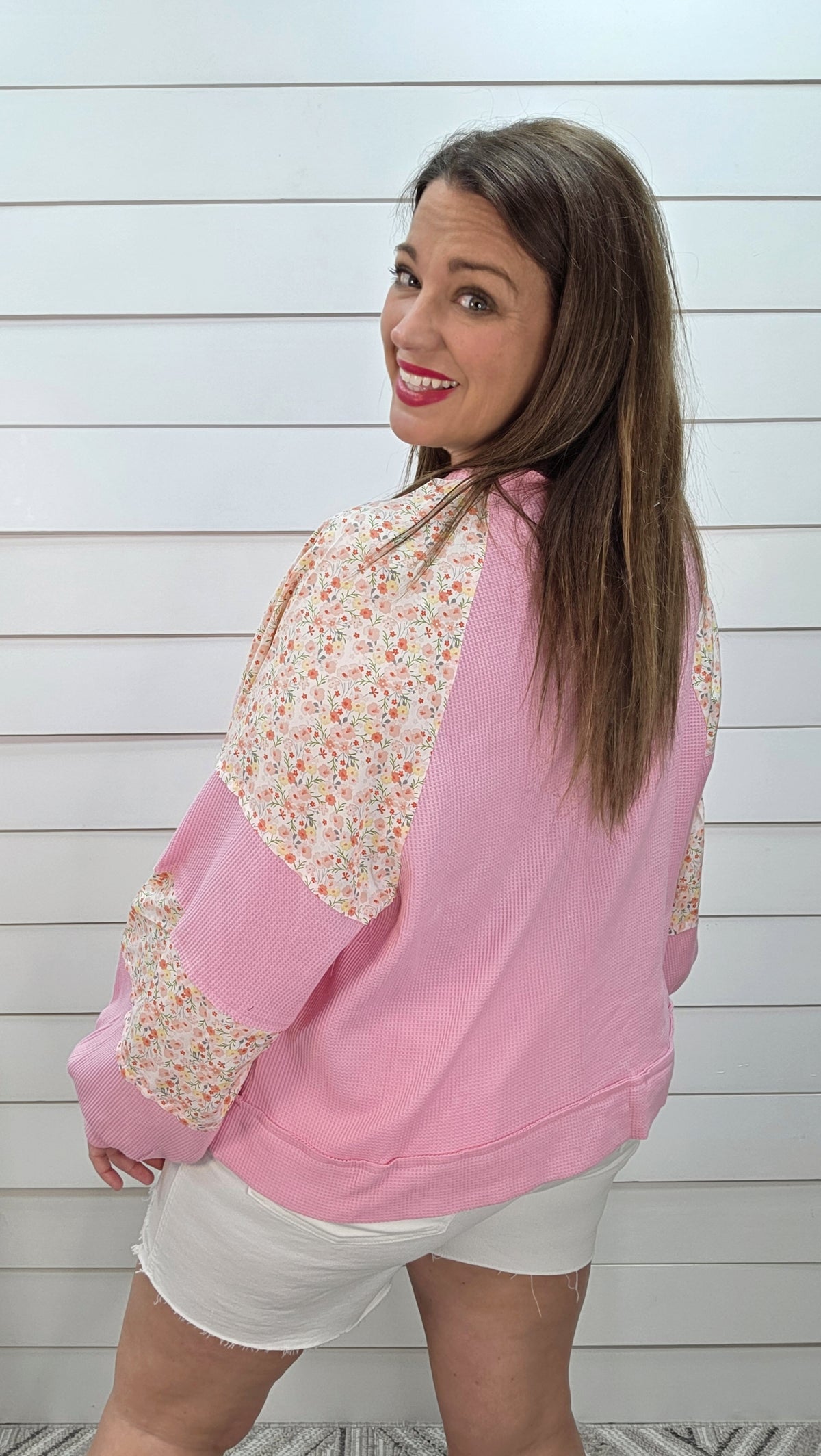 PINK WAFFLE TEXTURE FLORAL CONTRAST KNIT TOP