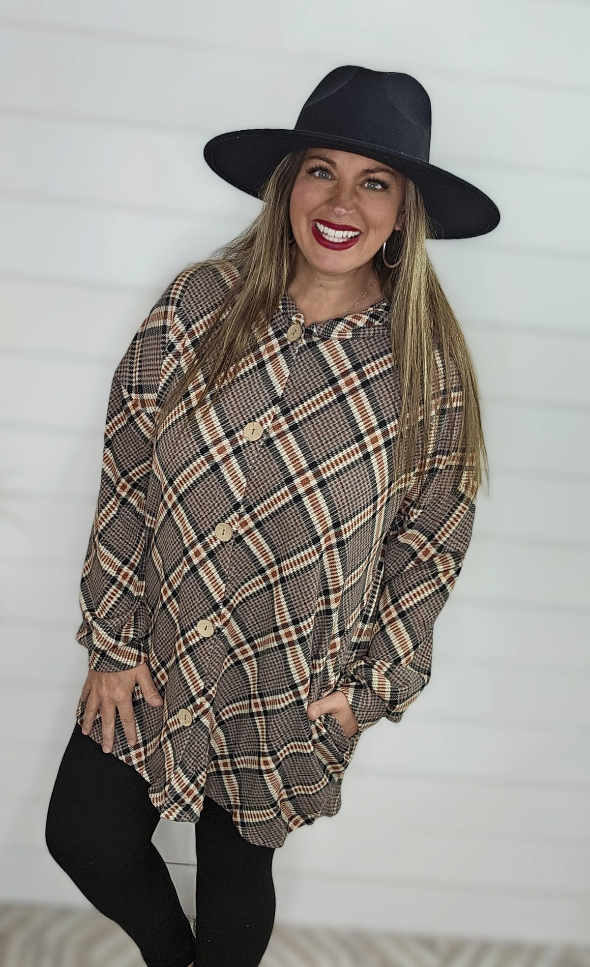 MOCHA/RUST CHECK OVERSIZED HOODED BUTTON DOWN TUNIC