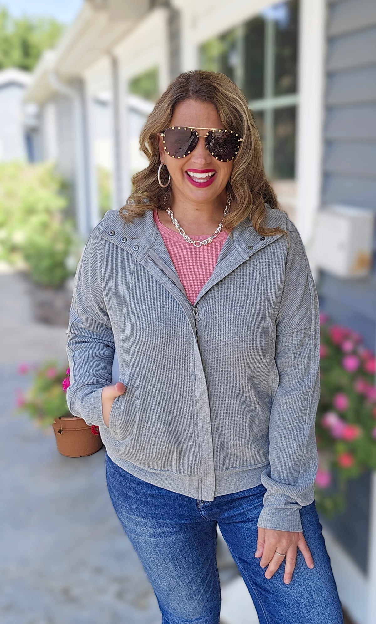 GREY WAFFLE TEXTURED ZIP UP JACKET