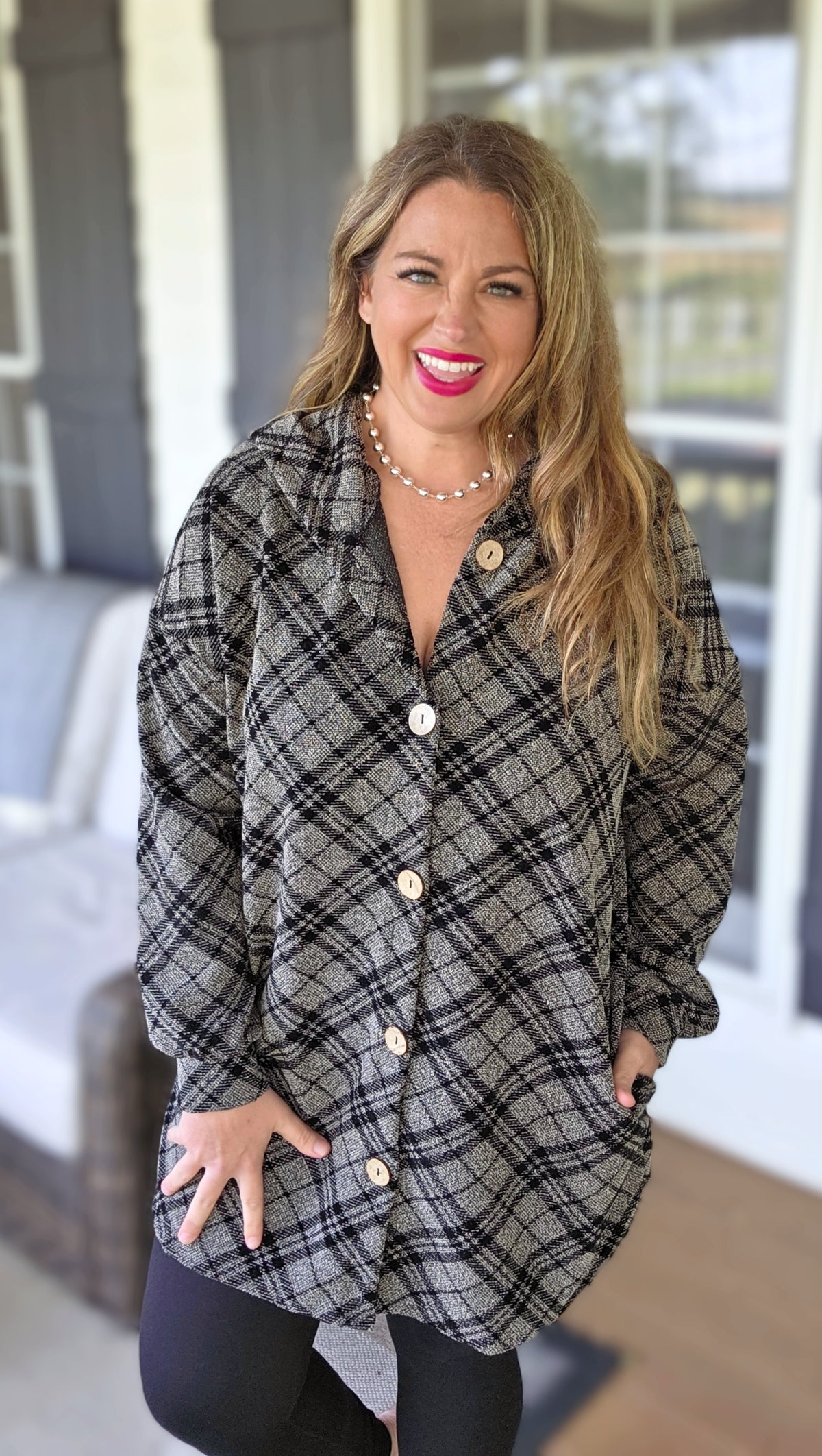 BLACK/KHAKI CHECK OVERSIZED BUTTON DOWN HOODED TOP