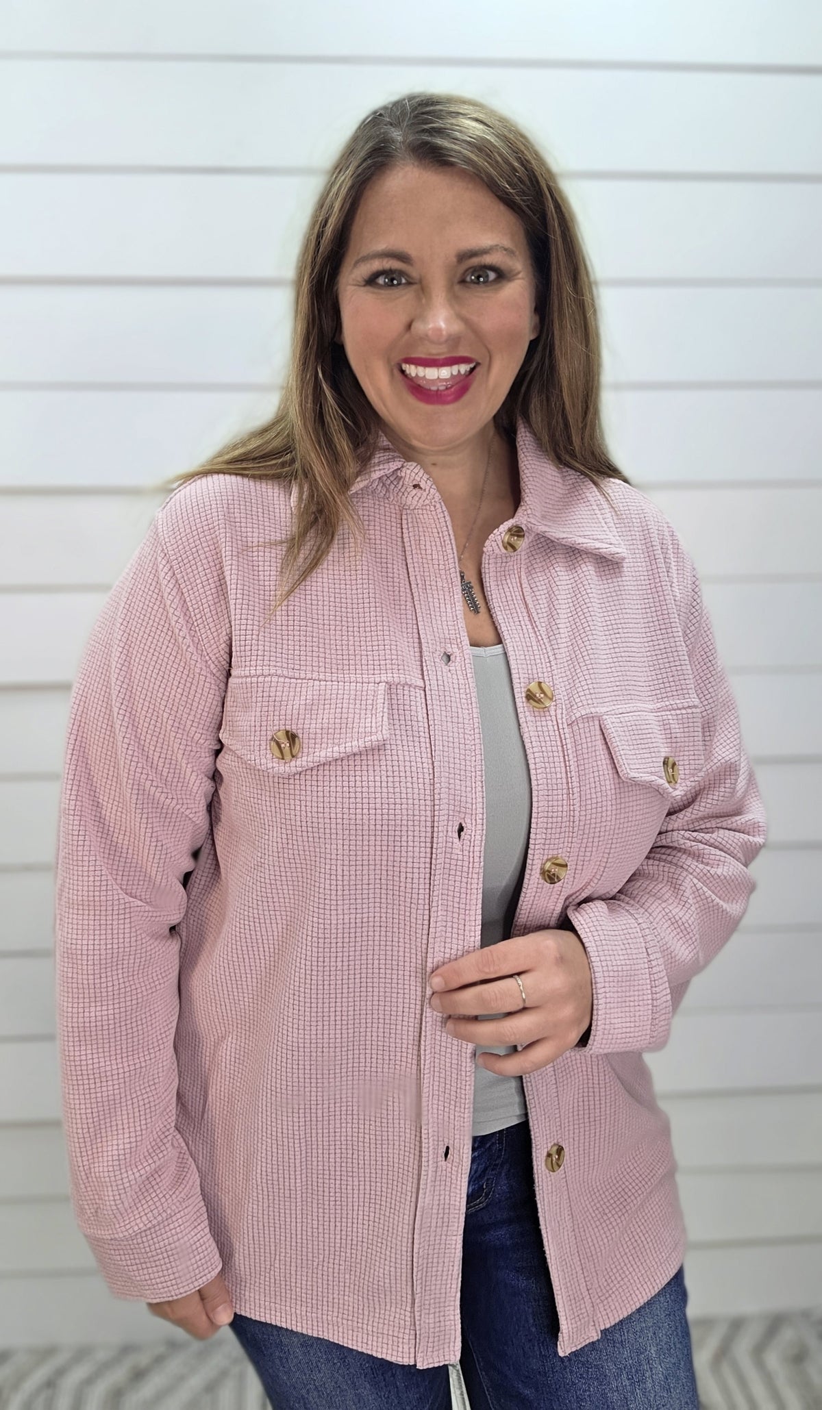 DUSTY PINK RAISED BRUSHED CHECKED TEXTURE BUTTON DOWN KNIT TOP