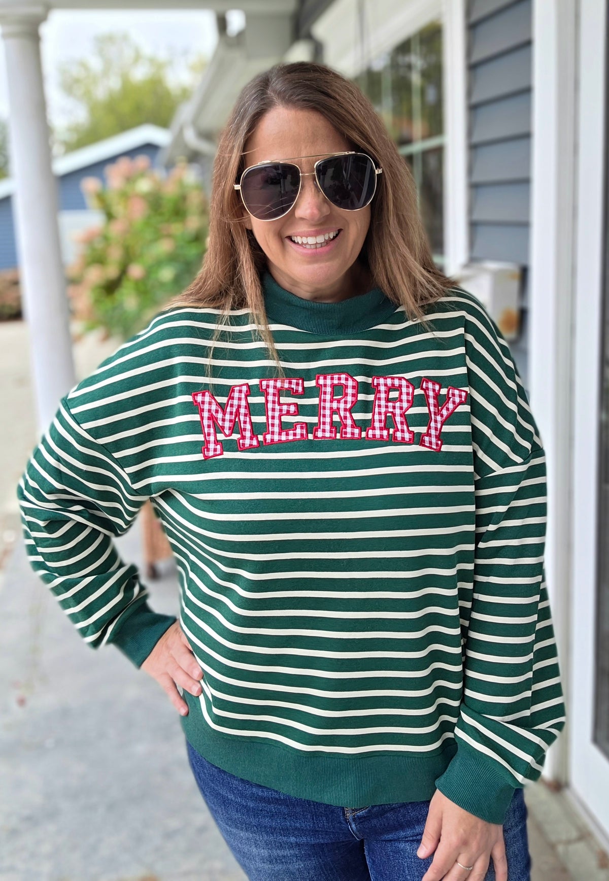 Hunter Green Ribbed Crew Neck Drop Shoulder Long Sleeve With Ribbed Cuffs And Hemline Stripe Pullover