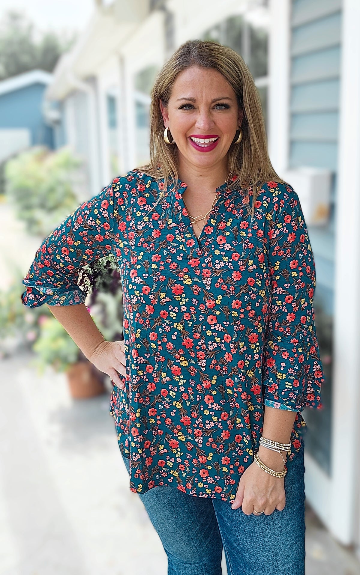 DEAR SCARLETT TEAL/HOT CORAL FLORAL DOUBLE BELL LIZZY