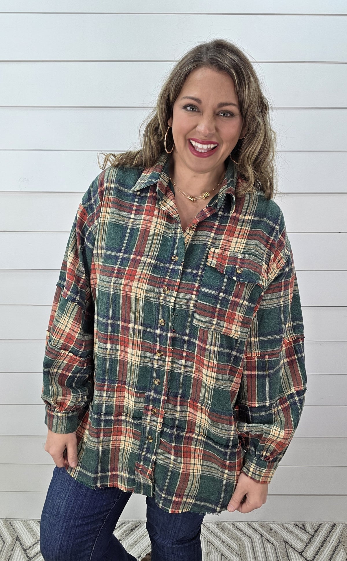 PINE GREEN PLAID OVERSIZED BUTTON DOWN FLANNEL