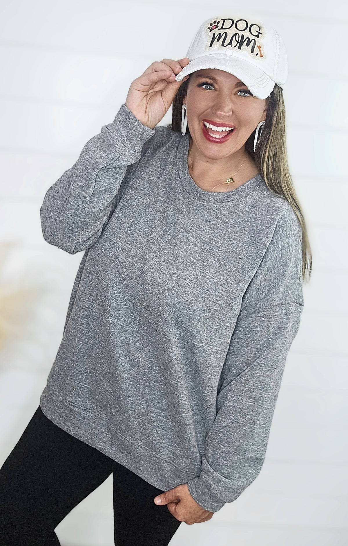 GREY PLUSH OVERSIZED HEATHERED PULLOVER SWEATSHIRT