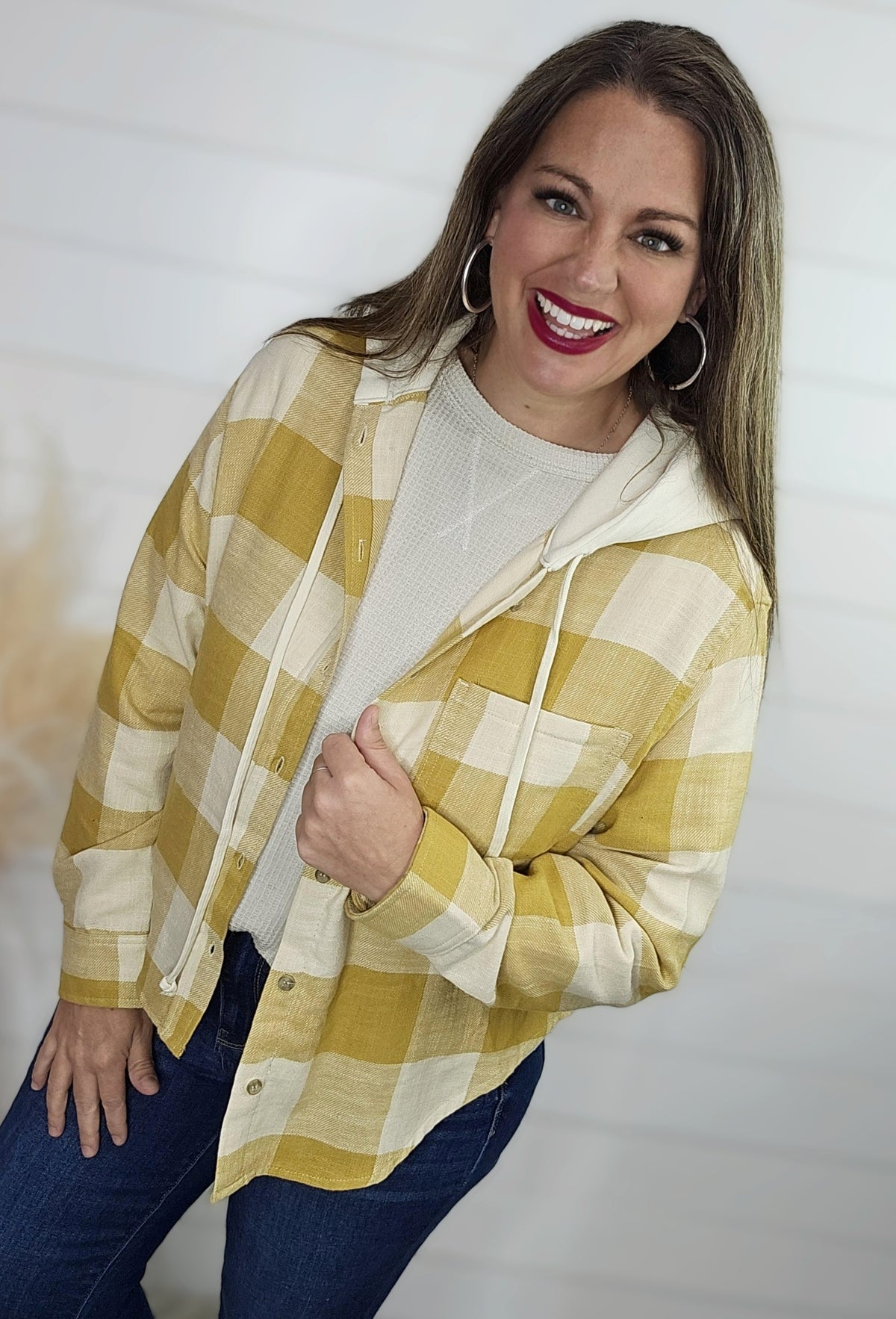 YELLOW PLAID BUTTON TOP HOODED TOP